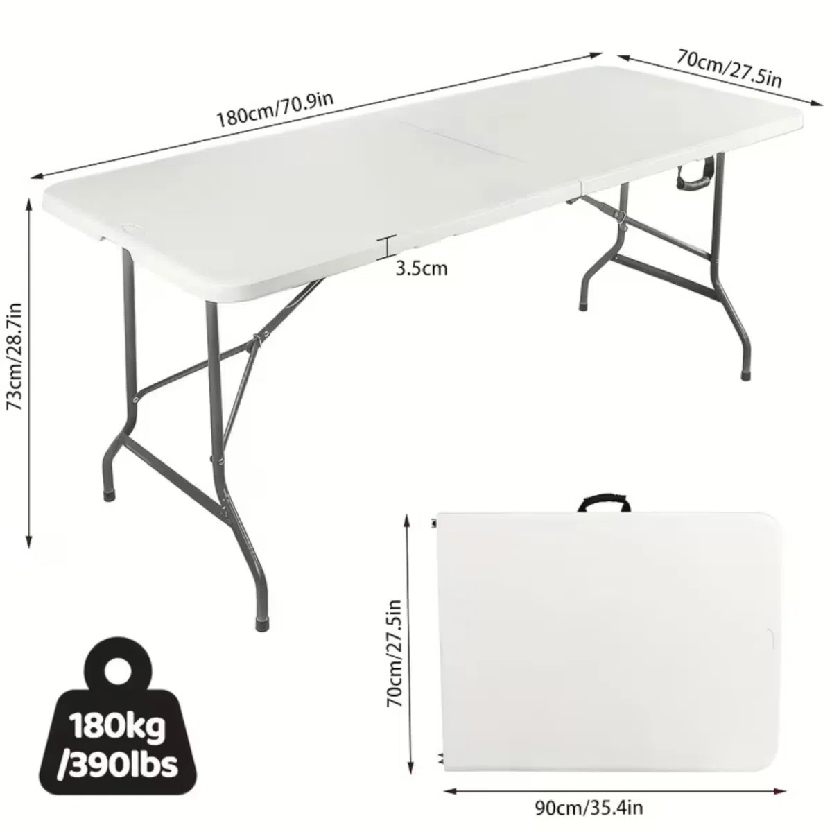 Mi Ko Mi Ka Mesa Plegable Solid 180cm o 122cm, portátil, Normativa Uso público Interior/Exterior (EN 581-1/3) Tablero Resina HDPE 3,5cm, Capacidad 4/6/8 Personas y Carga 150 kg. Multiuso