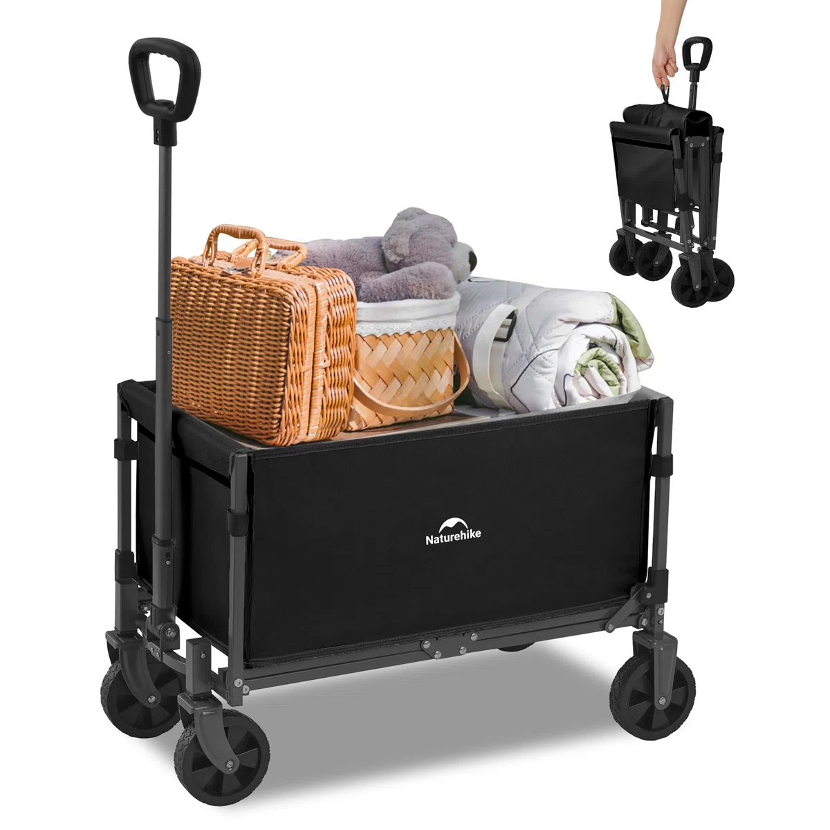 Naturehike 120kg Carro Playa Plegable con Ruedas Grandes, Carrito Camping Transporte para Jardín, Gran Vagón Plegable con Manija Ajustable & Bolsillos
