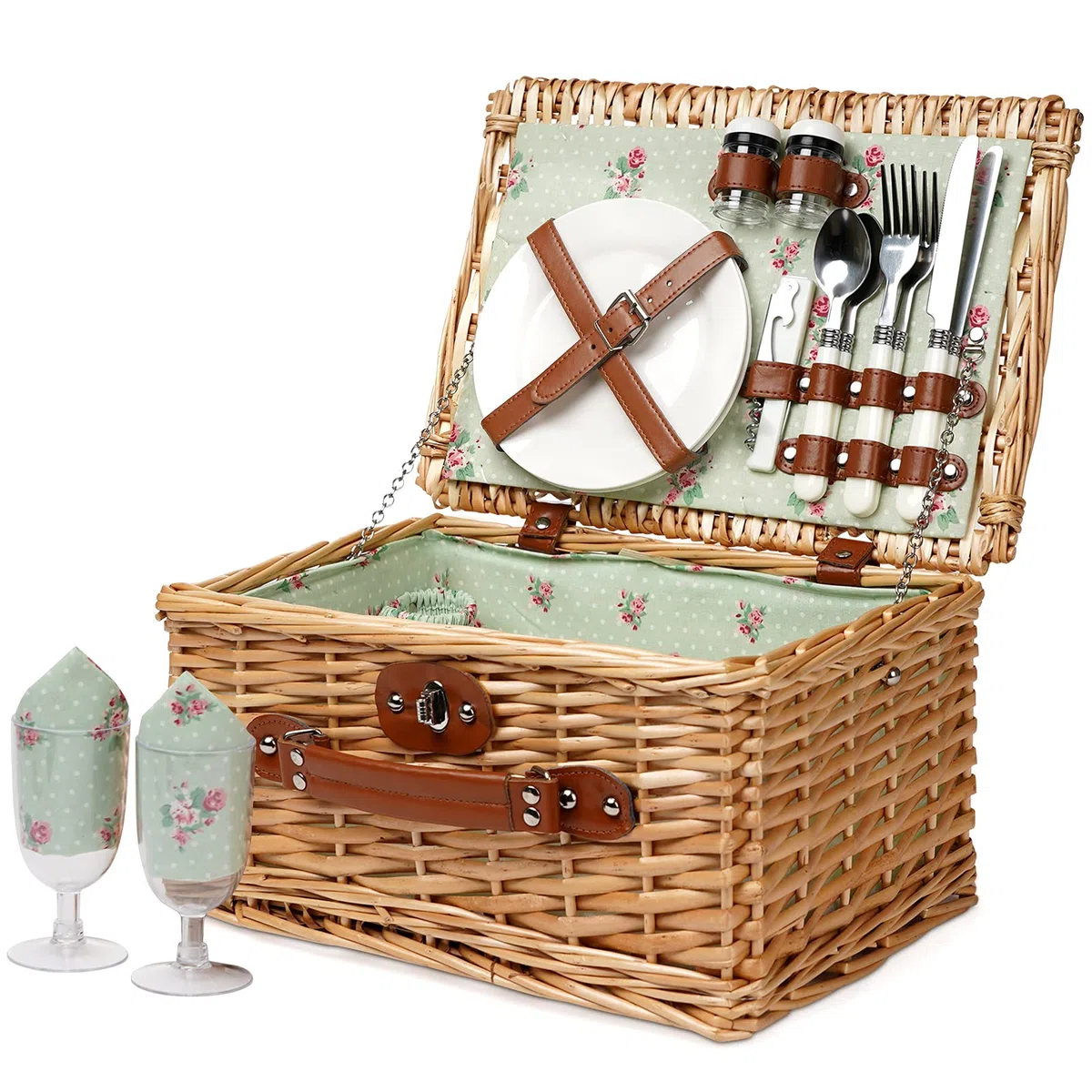 Cesta de Picnic de Mimbre para 2, Juegos de Cesta de Mimbre, Cesta de Picnic Hecha a Mano para 2 Personas con Cubiertos, Picnic, Flor de Camping