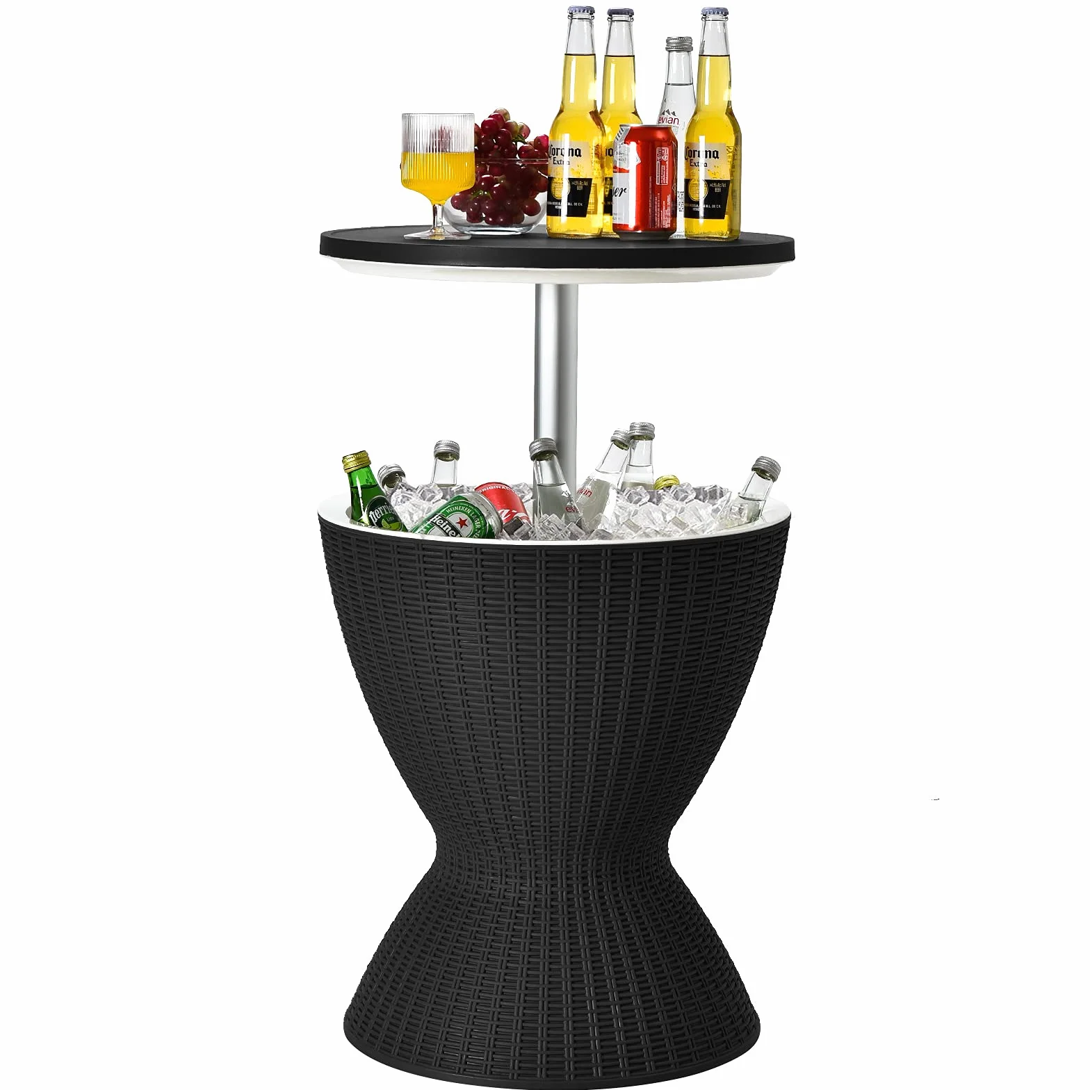 GYMAX Cool Bar 30L Mesa Auxiliar 3 en 1 con Tablero Extensible para Bebidas y Aperitivos, Enfriador de Bebidas en Aspecto de Ratán, Enfriador de Cerveza y Vino para Jardín, Terraza (Negro)