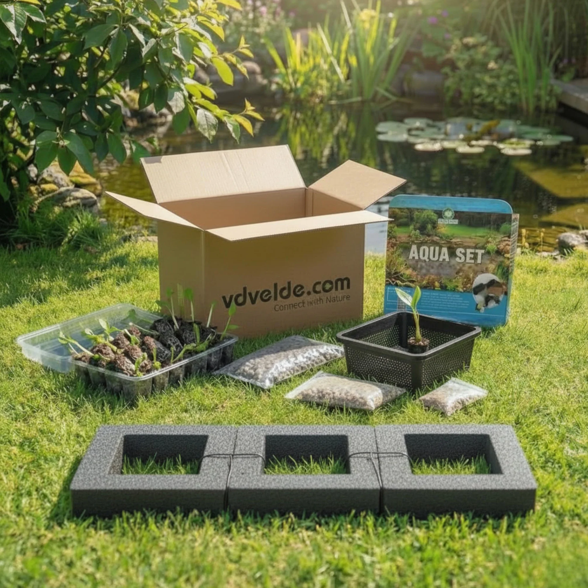 vdvelde․com - Isla Flotante para Estanque 25x25 cm, Anillo de Plantación Kit Completo sin Plantas, con Cesta, Sustrato, Abono y Grava, Accesorios para Nenúfares y Plantas Palustres