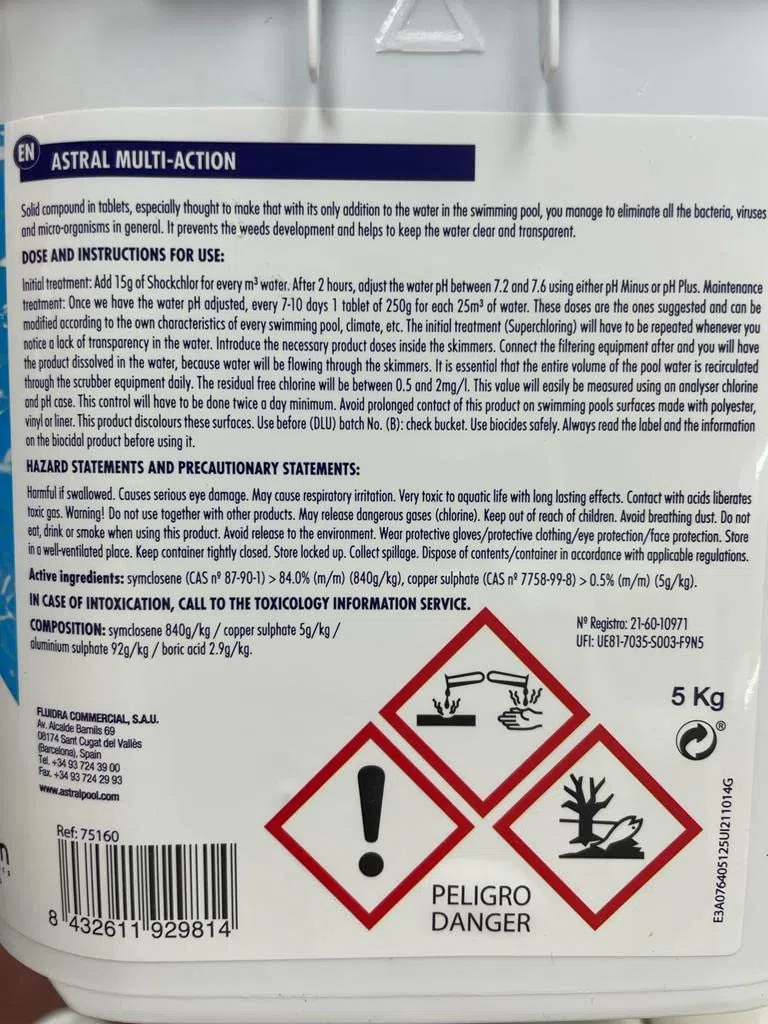 Cloro Multiacción 5kg de ASTRALPOOL - Efecto desinfectante, antialgas y floculante- Mantiene el Agua Limpia, cristalina y sin Algas.