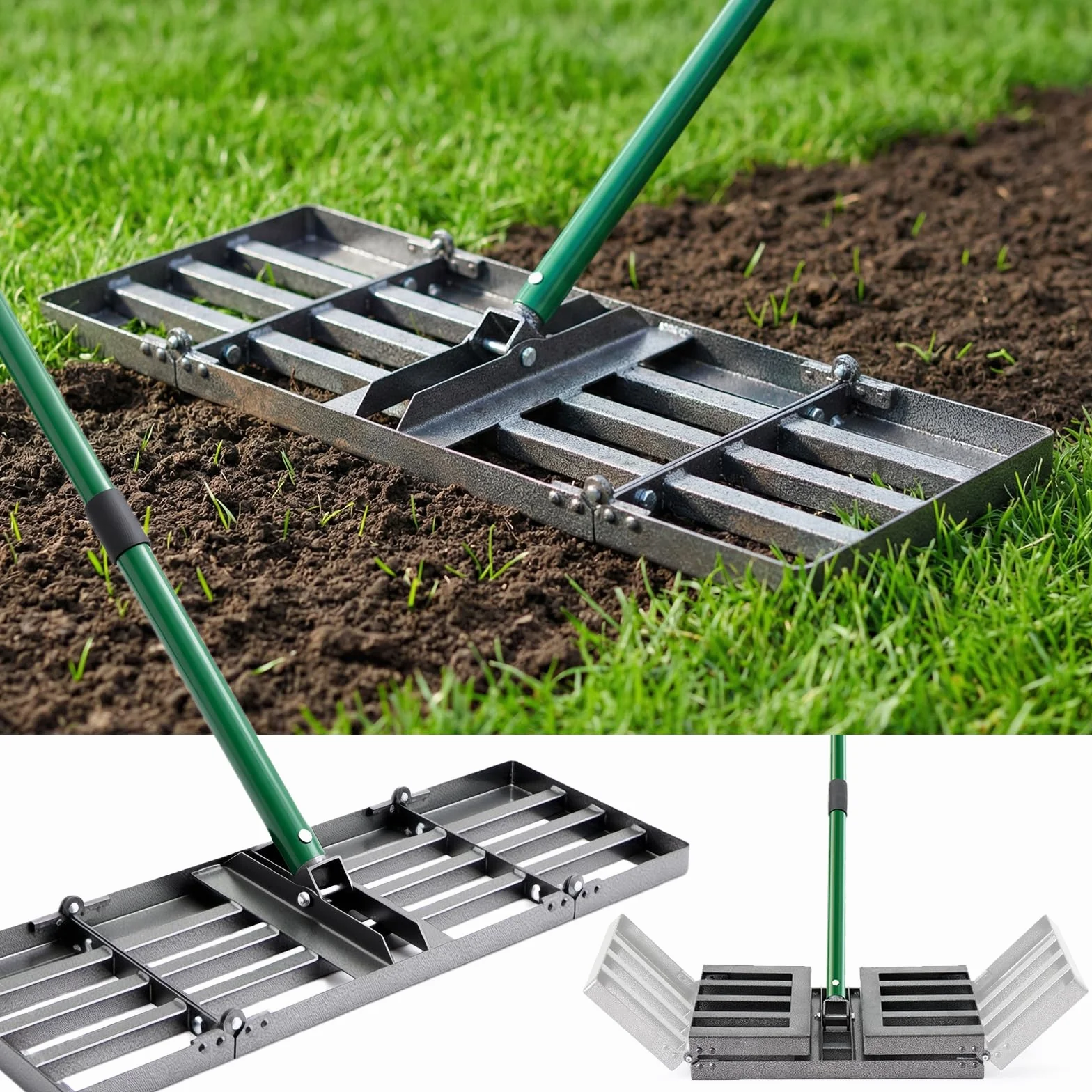 Rastrillo nivelador de césped de 76 x 25 cm, nivelador de césped resistente con mango ajustable de 85-195 cm, laúd plegable para nivelar el suelo, arena, grava, diseño ergonómico para césped, campos