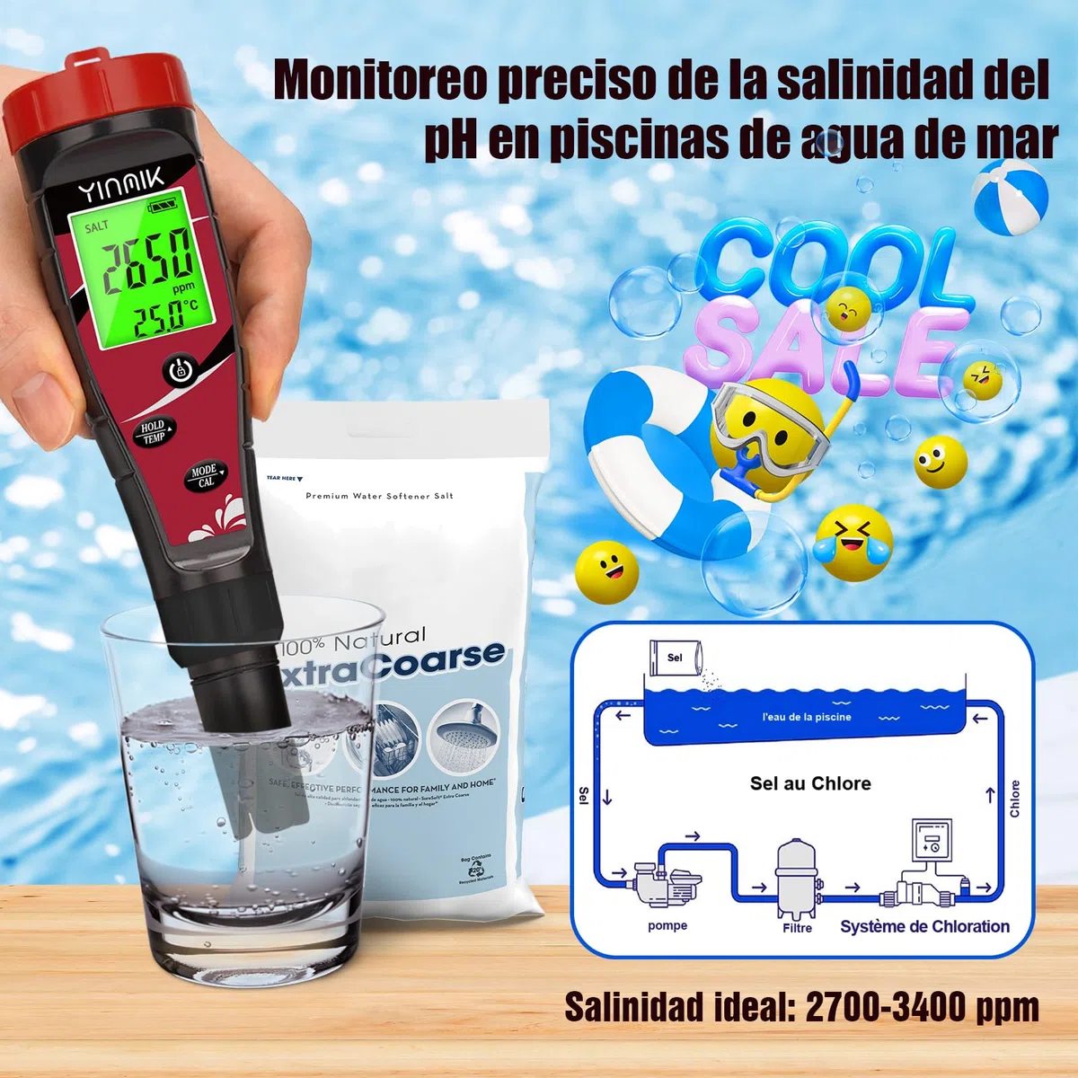 YINMIK Medidor de pH y Cloro salino para Piscinas, 7 en 1, Profesional, para Piscinas de Agua Salada, electrónico, pH y EC TDS para acuarios hidropónicos.