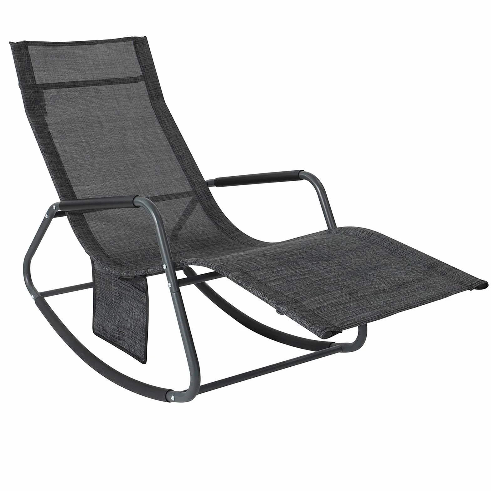 SoBuy Tumbona Mecedora de Jardín Silla Playa con Bolsillo Lateral Sun Lounger Silla de Playa y Terraza para Camping, Patio o Piscina Negro/Gris 143x57x85 cm OGS47-MS
