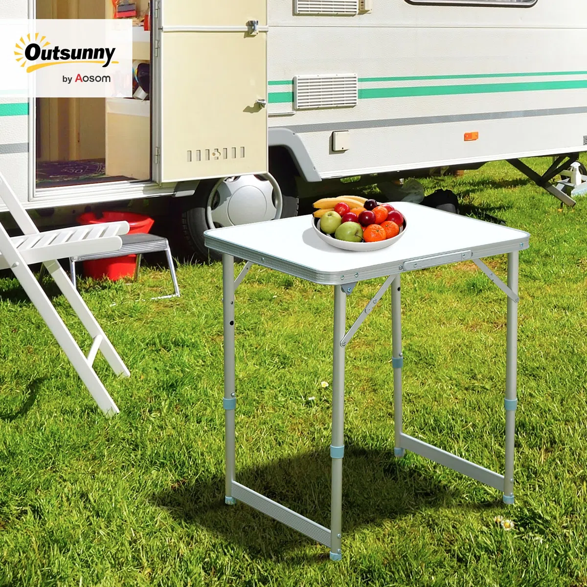 Outsunny Mesa de Camping Plegable Mesa Plegable Portátil Multifuncional con Altura Ajustable en 2 Niveles Marco de Aluminio para Jardín Balcón Patio Exterior 60x45x64 cm Blanco