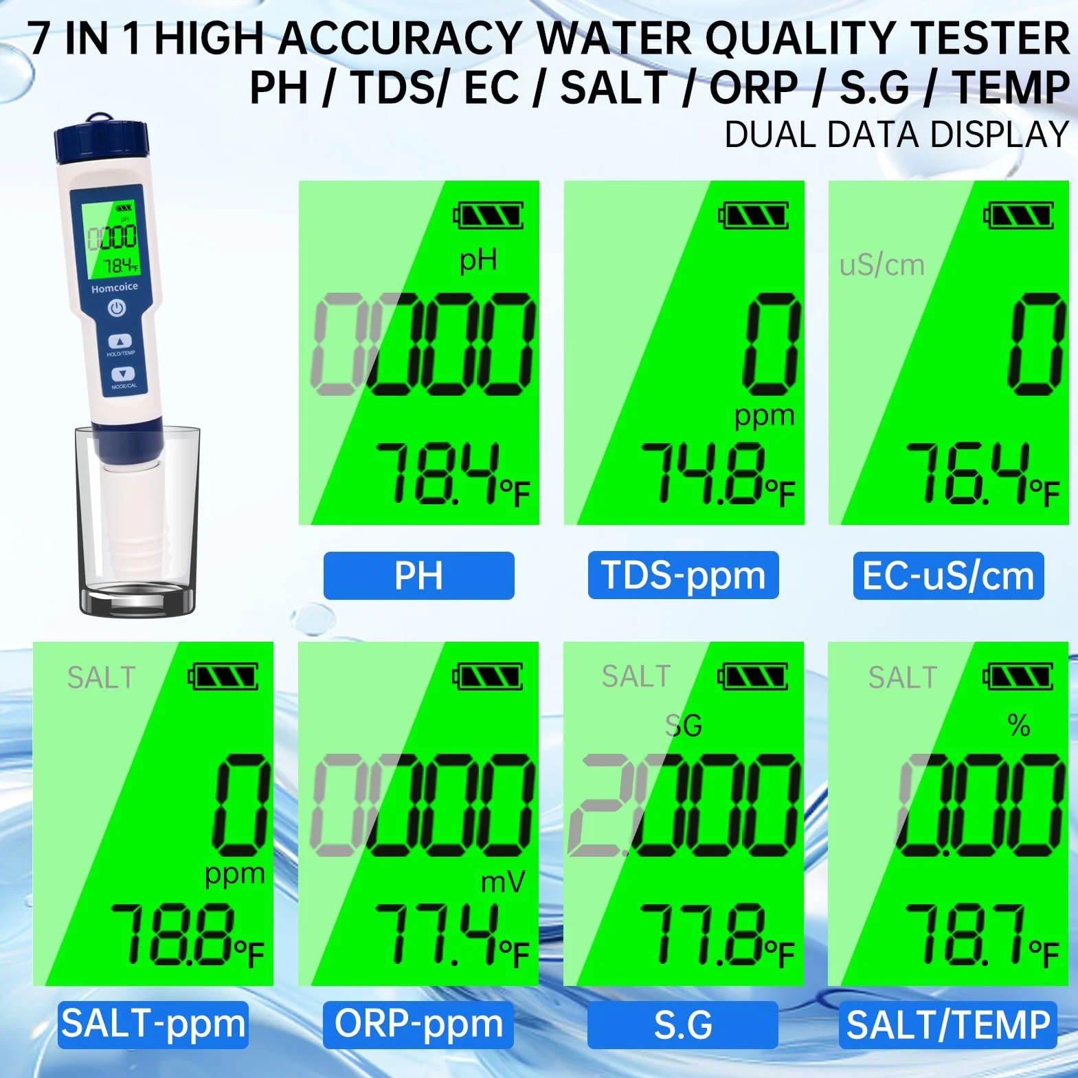 Medidor pH 7 en 1, profesional medidor PH TDS EC SALT ORP S.G Temperatura, Tester Calidad Agua portátil para acuarios, piscinas, agua potable e hidroponía