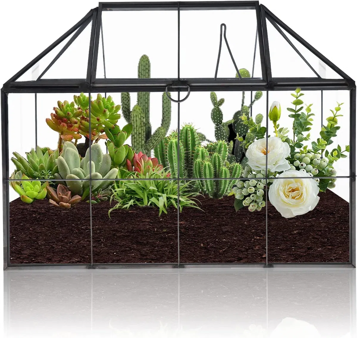 Terrario geométrico de Homtone, 23 cm, en forma de casa, negro, hecho a mano, de vidrio, maceta grande para plantas, vintage, para miniaturas de flores de mesa, para plantas suculentas, cactus y