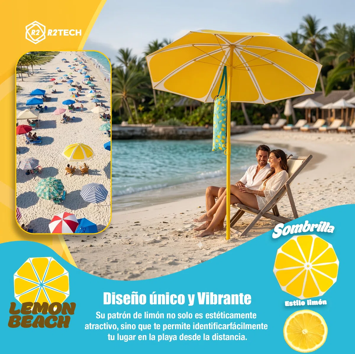 SUPER PACK Sombrilla Playa Plegable | Parasol con Altura 210cm y Diámetro 160cm | Sombrilla Compacta para Maleta | Protección Verano 2 Plazas UPF 50+ | Mástil Aluminio Amarillo 109C
