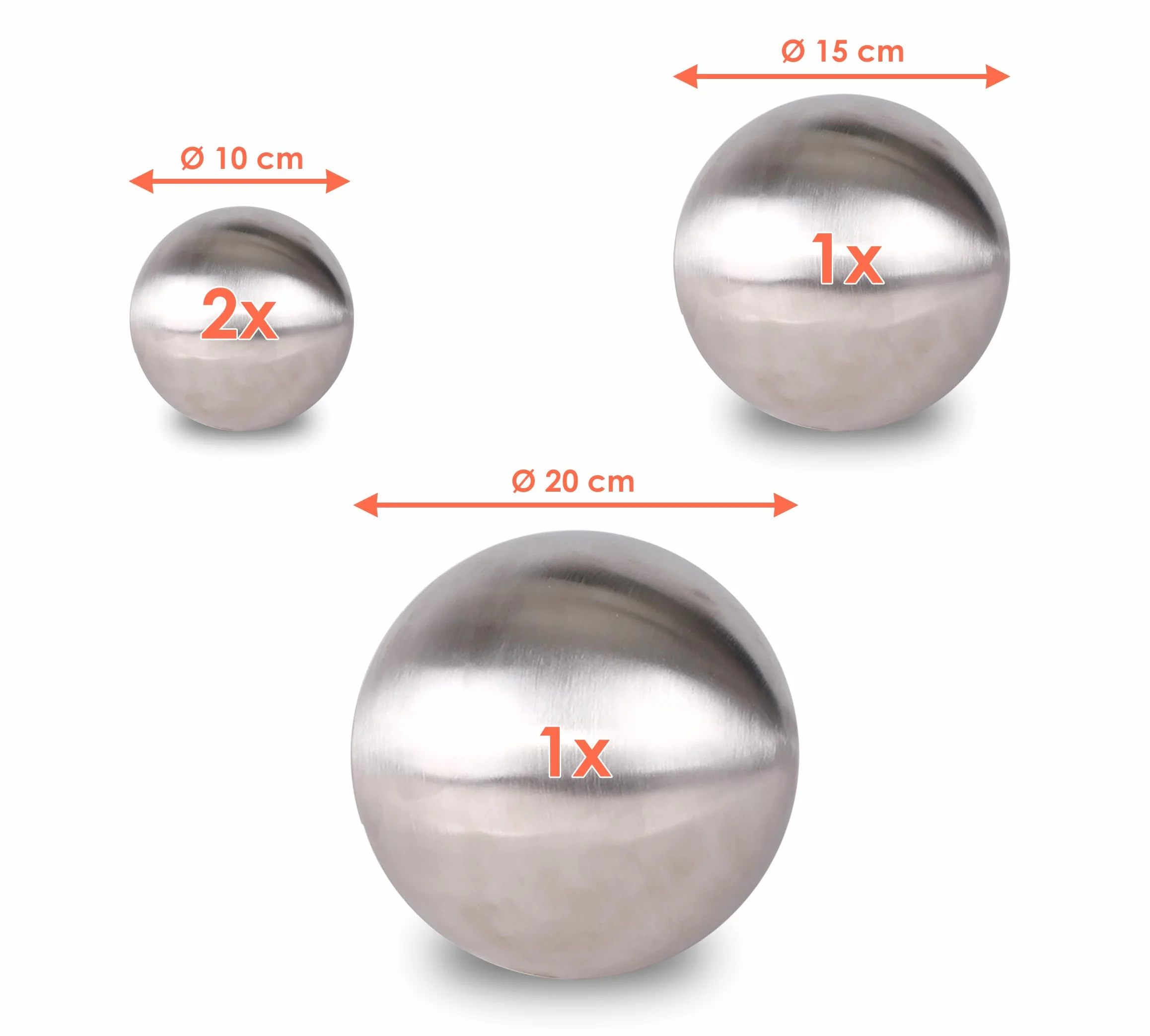 Juego de 4 bolas de jardín de acero inoxidable cepillado mate – 10/15/20 cm – Bola hueca decorativa de metal plateado – Decoración de metal redonda