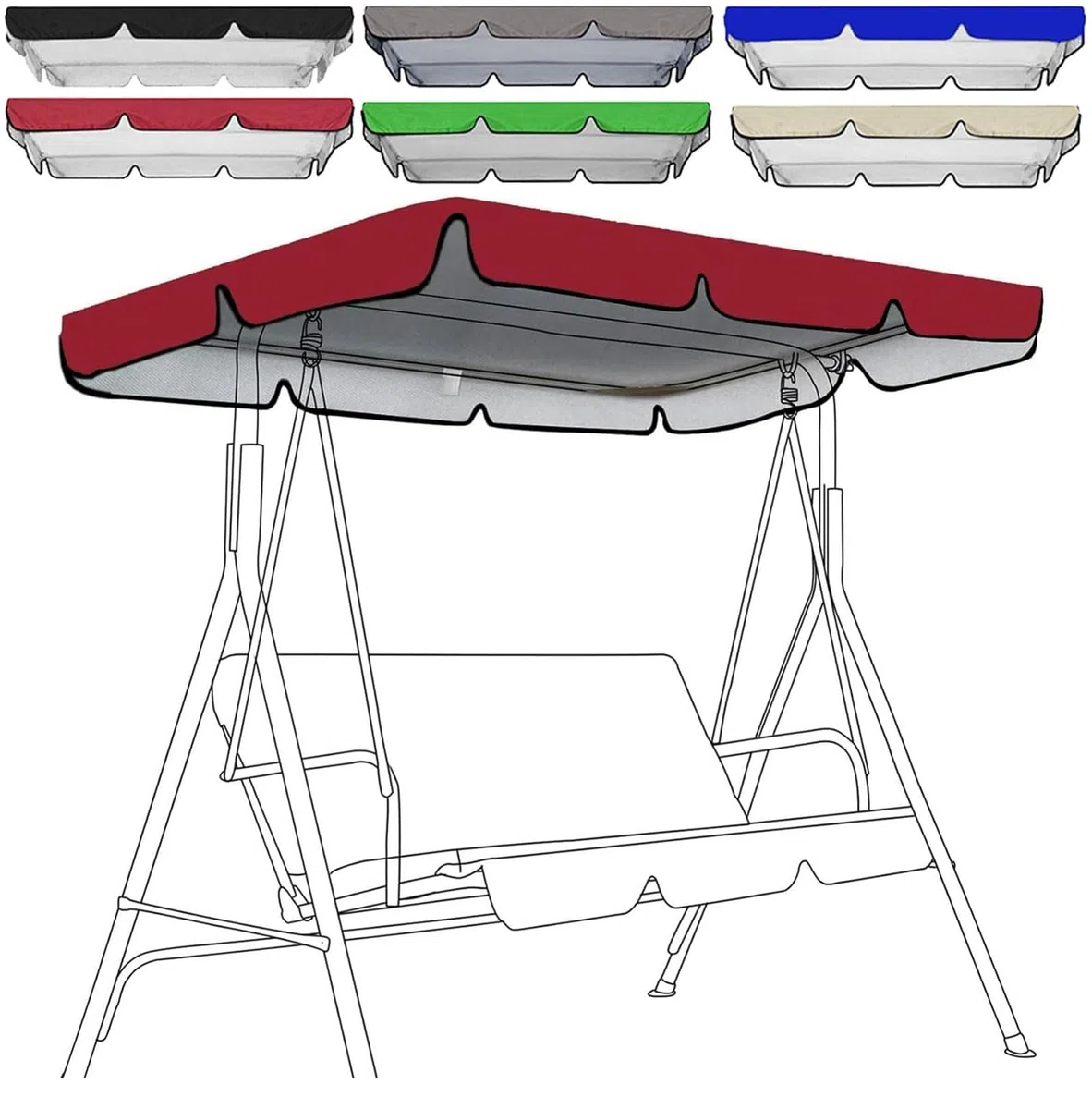 Toldo Universal de Repuesto para Columpio de Patio 3 plazas,Impermeable Techo de Repuesto Balancin Jardin con Tela Oxford Recubierta de Plata 210D (Size:195 * 125 * 15cm,Color:Rojo)