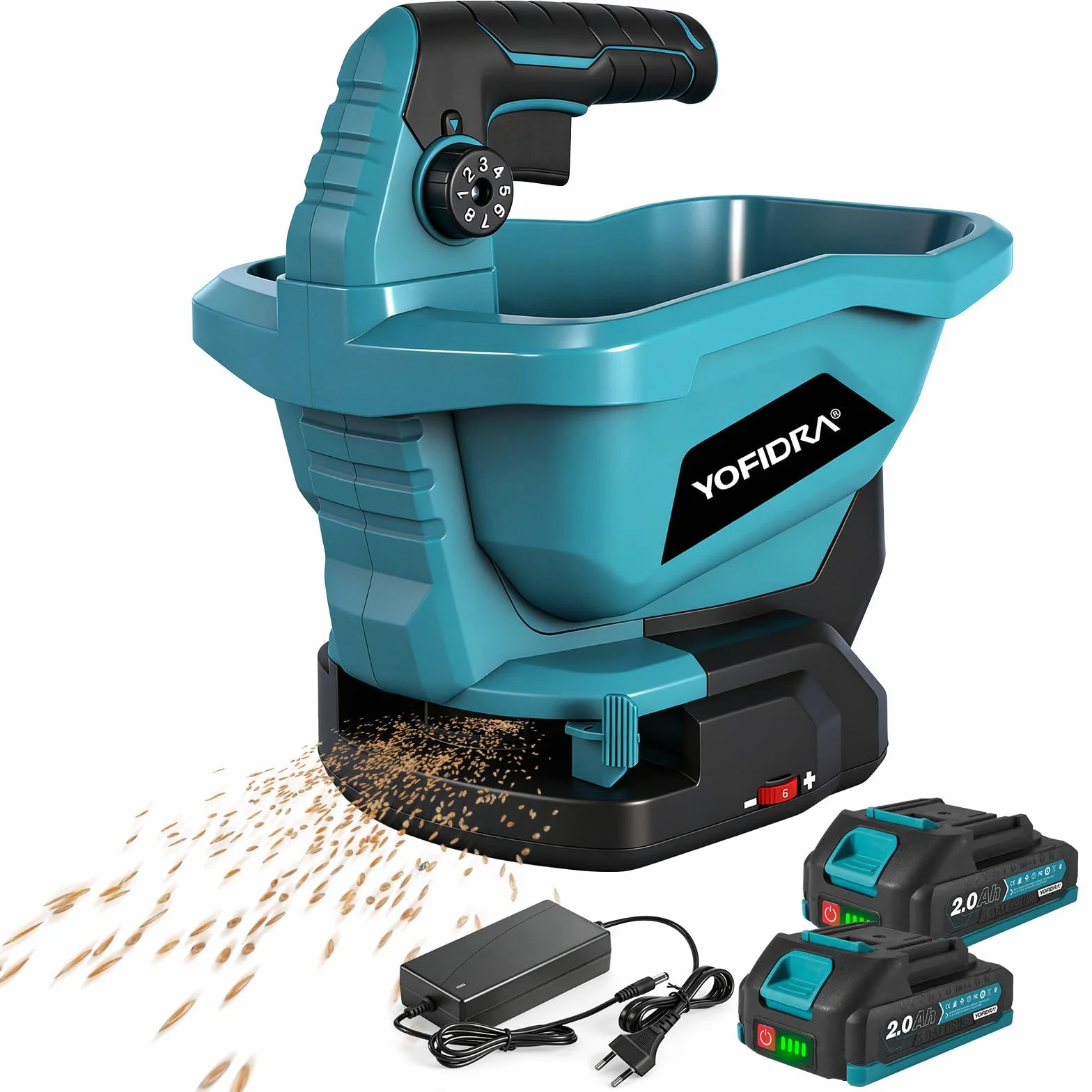 Yofidra Esparcidor de Semillas, Sembradora Universal con 2 batería de 2,0Ah, 3,3L, 6 Velocidades, 8 Niveles de Aplicación, 5m de Ancho, Cobertura 800m², para Fertilizante, Semillas o Sal para Deshielo