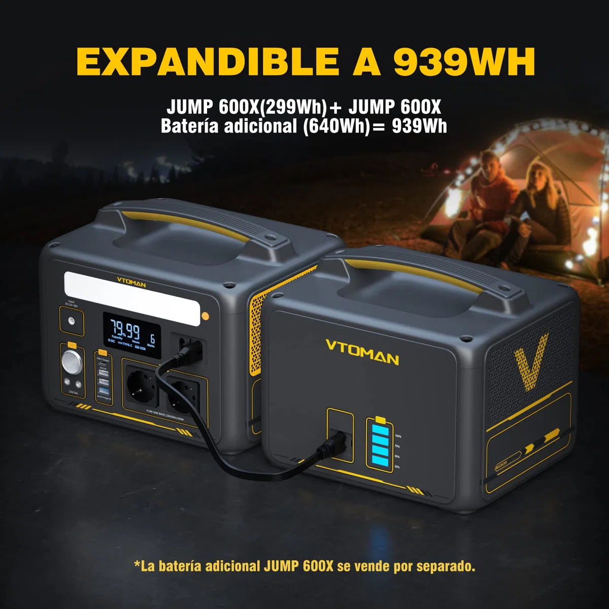 VTOMAN Jump 600X Estación de Energía Portátil con Cable de Arranque, 600W Generador Solar LFP Batería, 2 Salidas CC Ajustable a 12V/10A, 299Wh Capacidad Ampliable a 939Wh para Acampadas y Emergencias