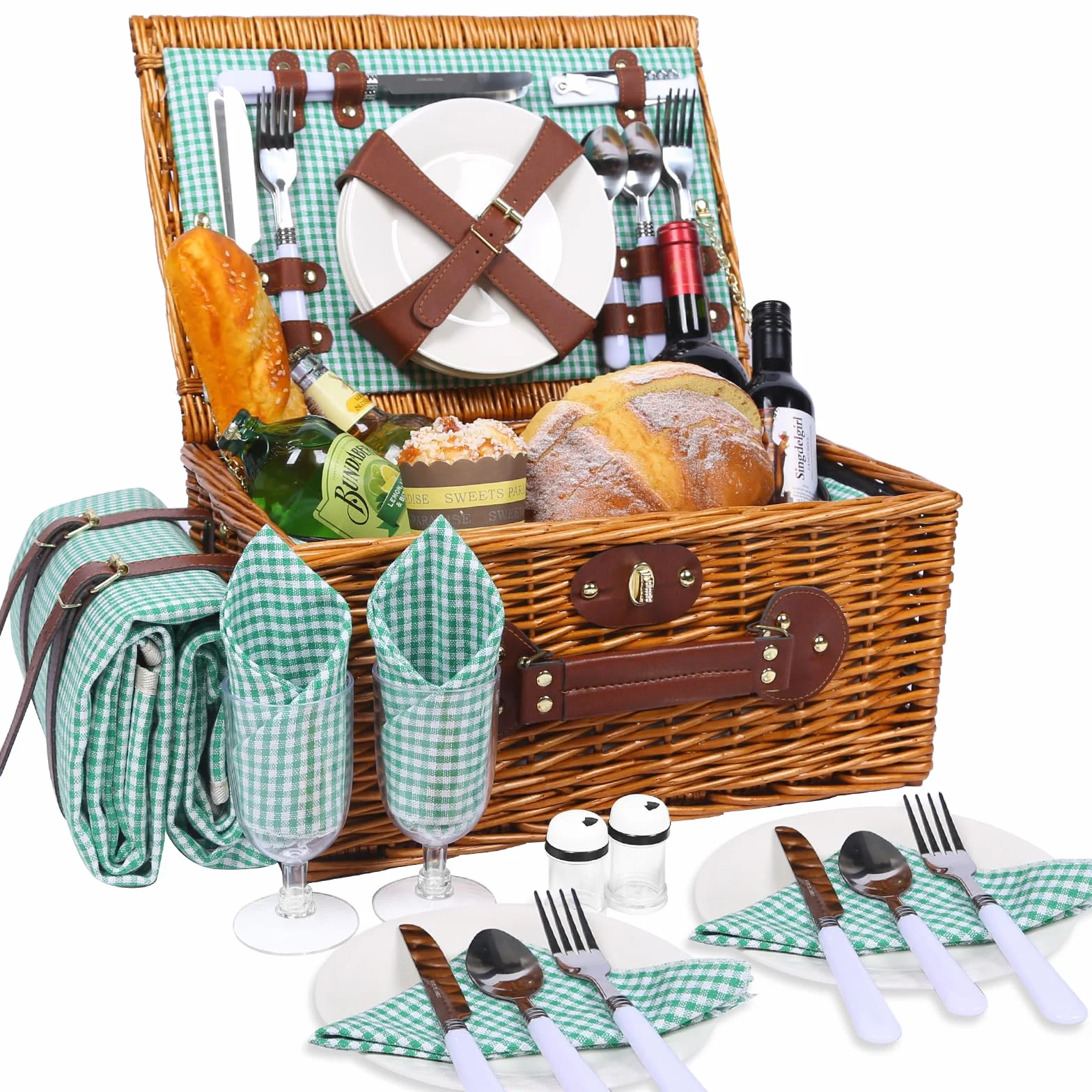Juego de cesta de picnic para 4 personas con compartimento refrigerador y manta de picnic impermeable, correa extraíble, bolsa de vino, juego de cubiertos, para camping, playa, senderismo,