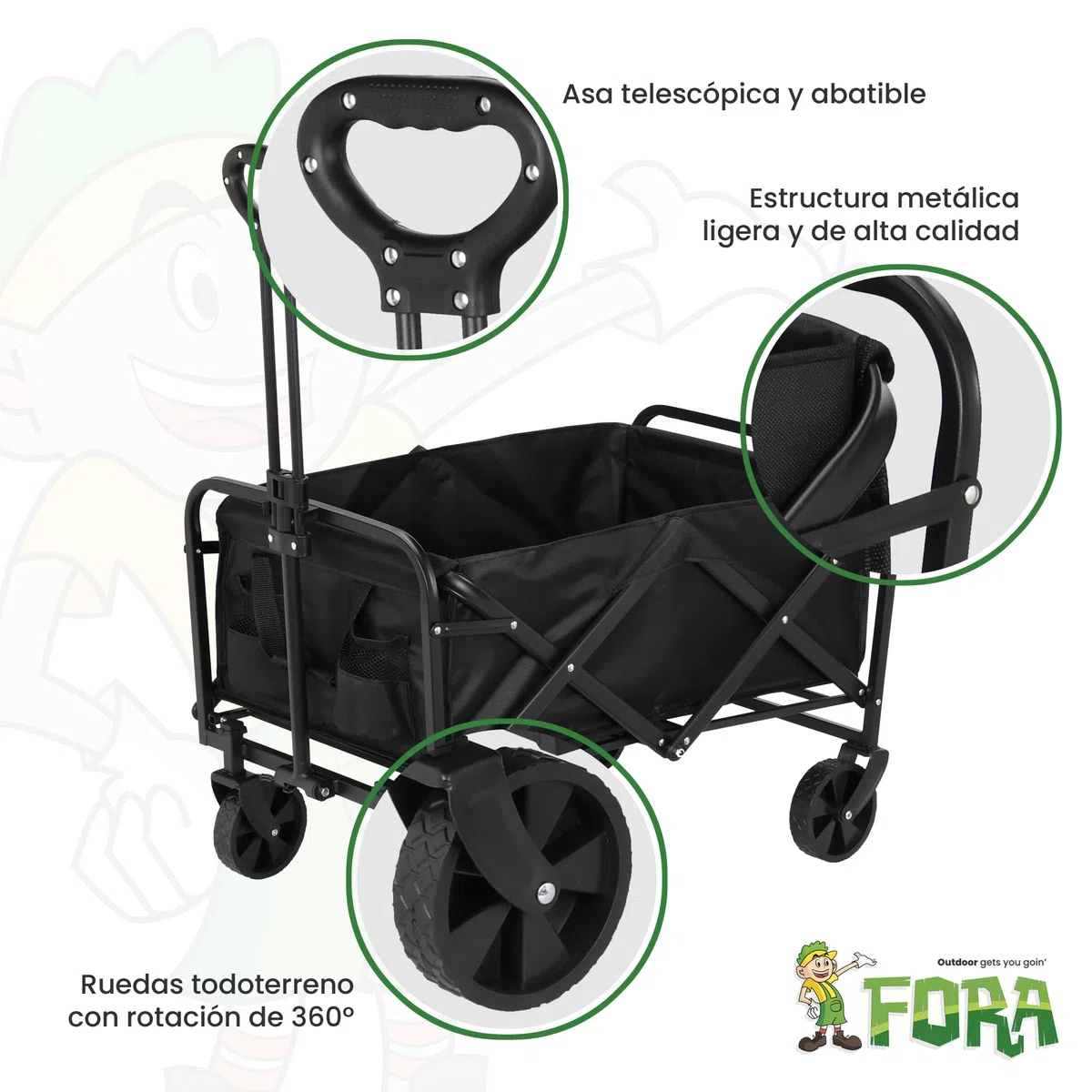 Fora Carro de Transporte Plegable con Ruedas Grandes – Carro Multiusos para Playa, Camping, Jardín y Compras | Estructura Resistente, Asa Extensible Ajustable, Tela Impermeable, Carga hasta 60 kg