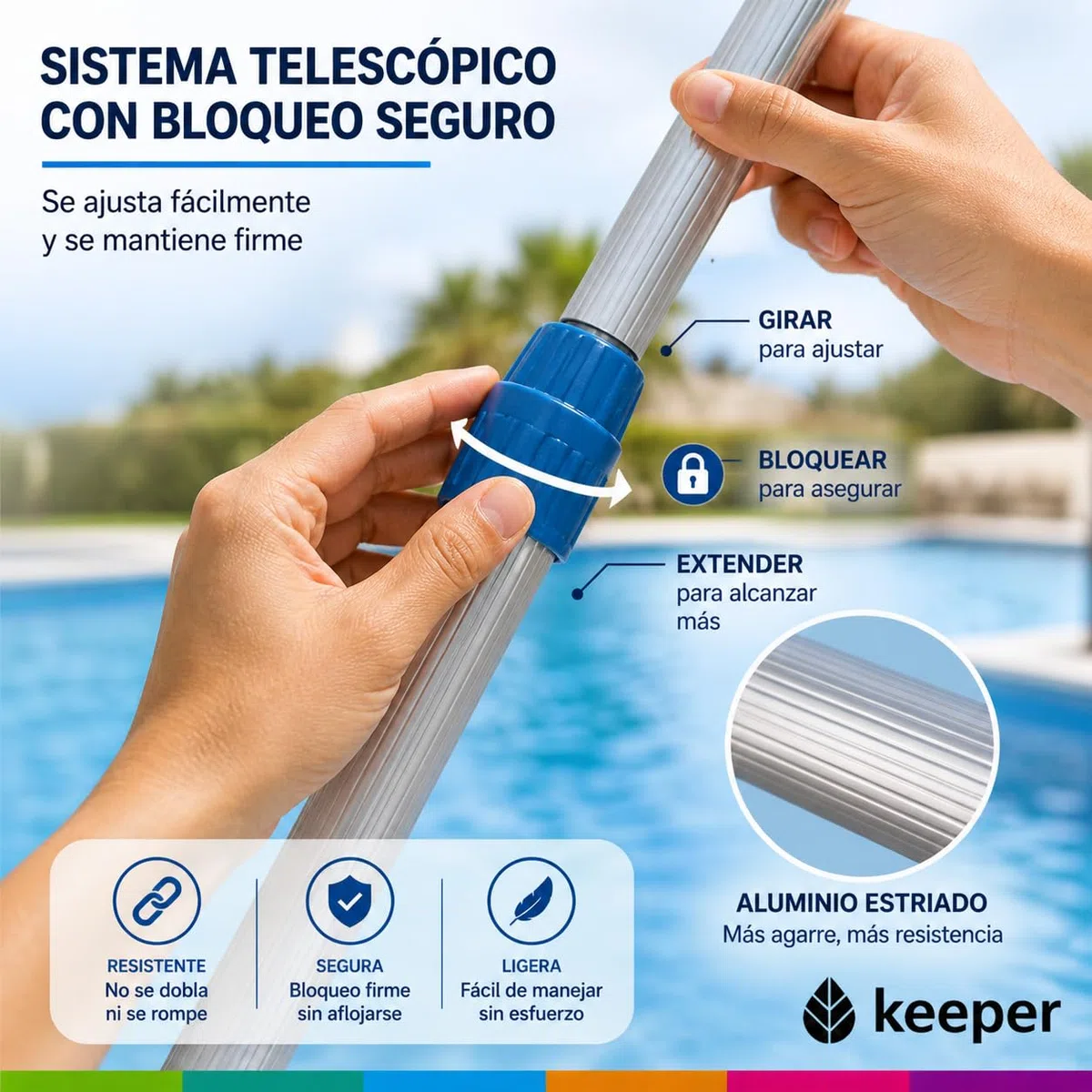 Pértiga Telescópica Piscina 2 Tramos 1,2 a 2,4m Keeper. Mango Aluminio con Clip y Palomilla. Rosca Exterior para Limpieza Piscinas, Redes, Cepillos, Aspiradores