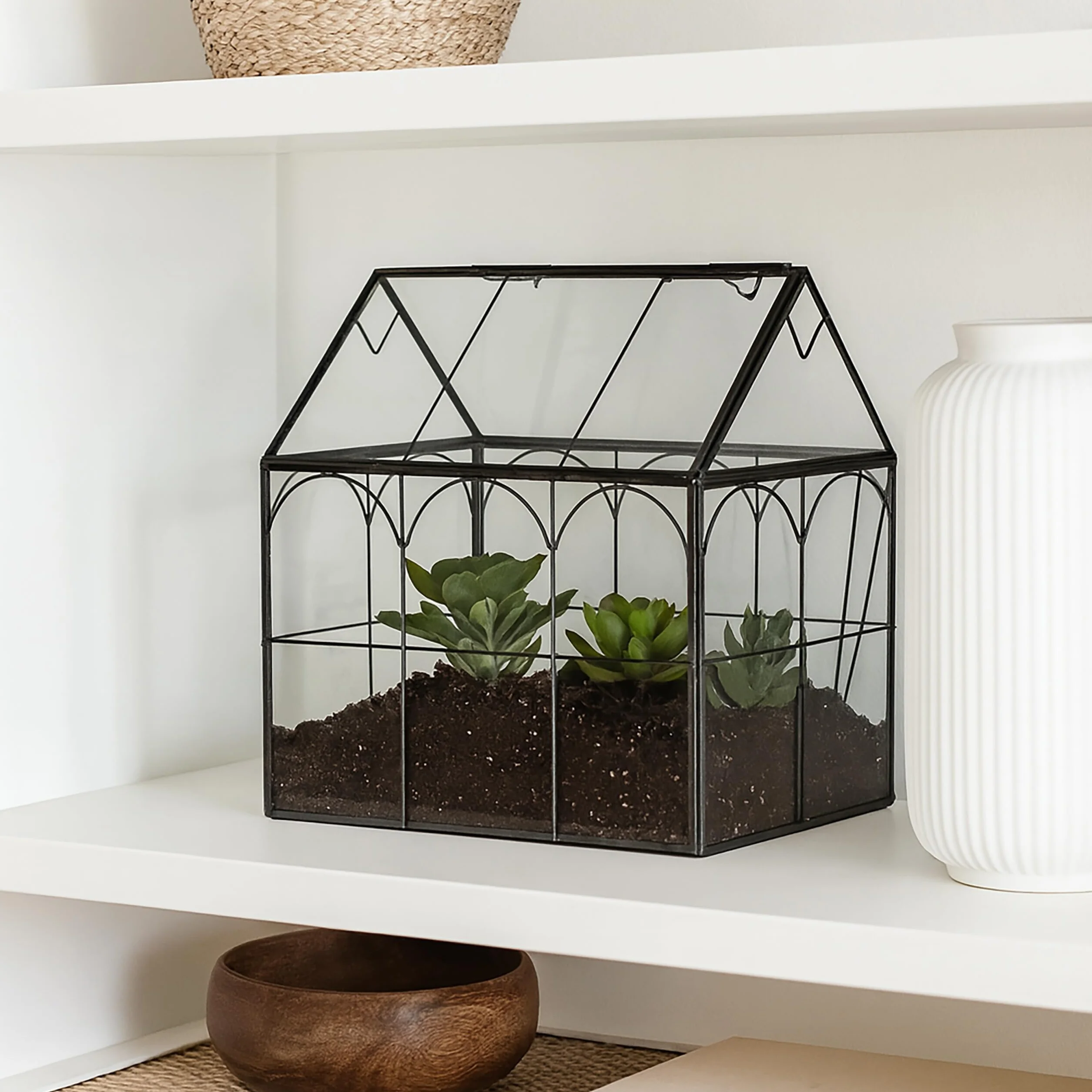 Relaxdays Terrario Plantas, Cristal y Estaño, Casa Decorativa Vidrio para Cactus y Musgo, Terrarium Alféizar, Negro