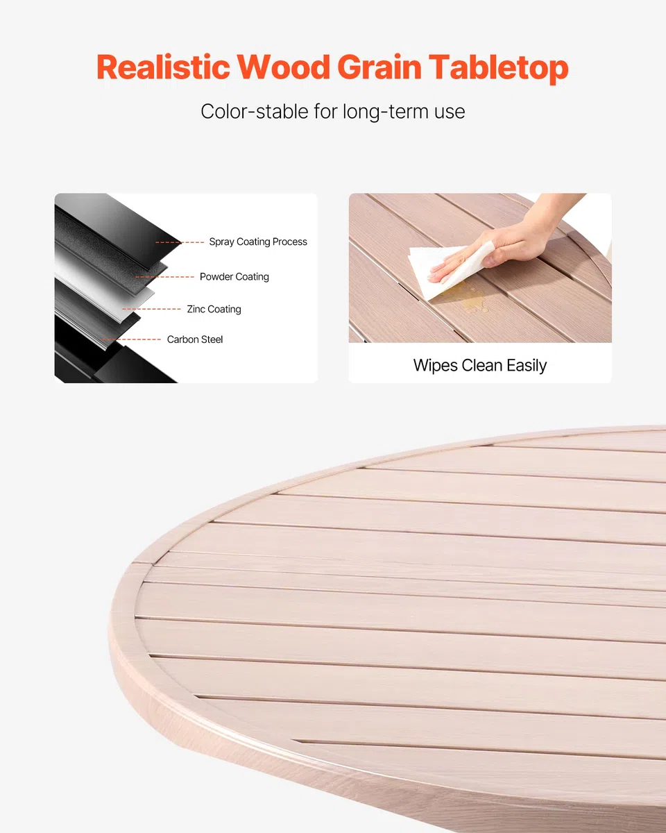 VEVOR Mesa de Patio para Jardín y Balcón, Redonda, de Acero al Carbono, para Exteriores, Patio, Terraza, Impermeable, con Orificio para Sombrilla y Veta de Madera, Carga 68 kg, 1035 x 720 mm