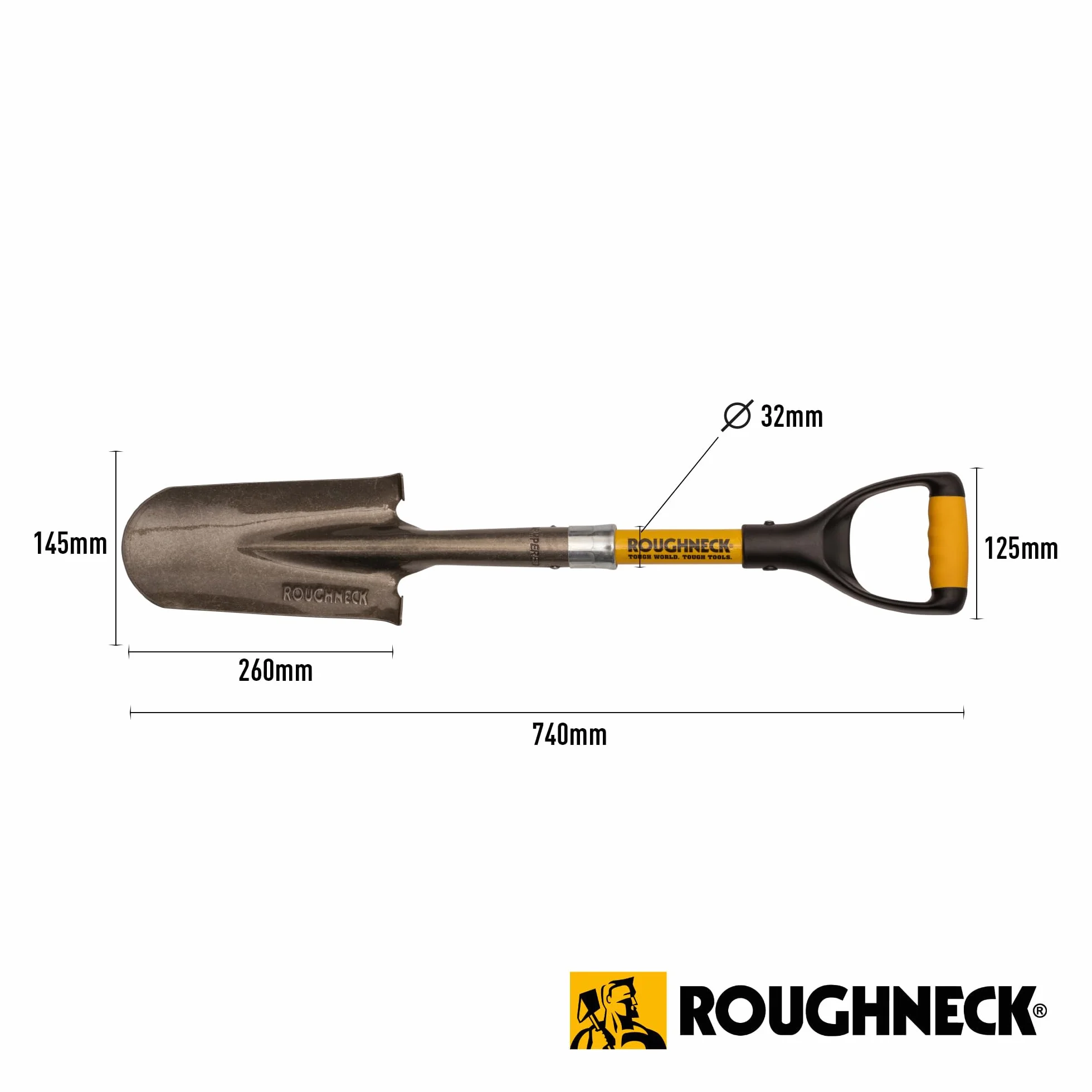 Pala de Drenaje Roughneck Micro de 740 mm (29") – Hoja Larga y Redonda de Alta Resistencia para excavar zanjas, Canales y Agujeros Estrechos y Profundos en Espacios reducidos