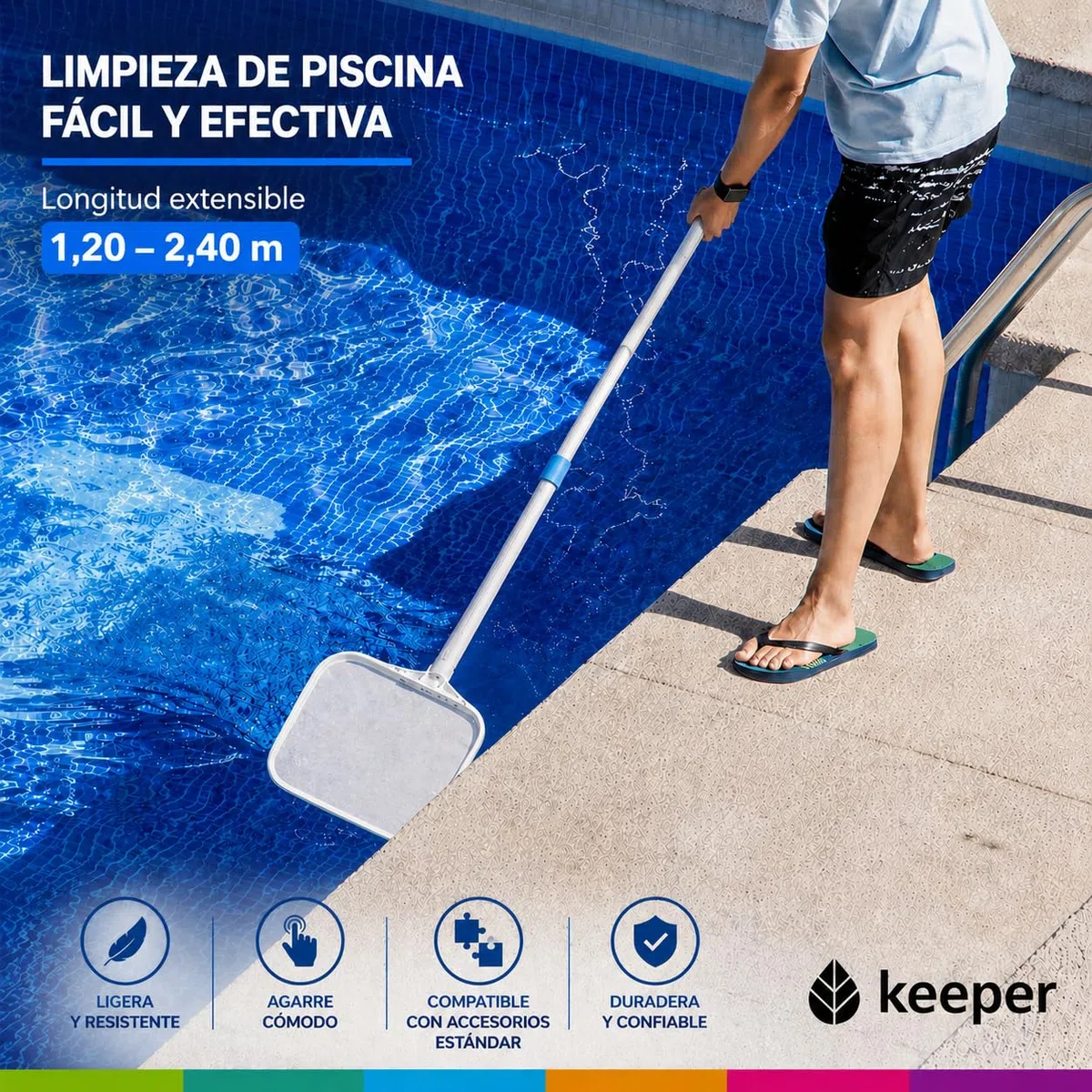 Pértiga Telescópica Piscina 2 Tramos 1,2 a 2,4m Keeper. Mango Aluminio con Clip y Palomilla. Rosca Exterior para Limpieza Piscinas, Redes, Cepillos, Aspiradores