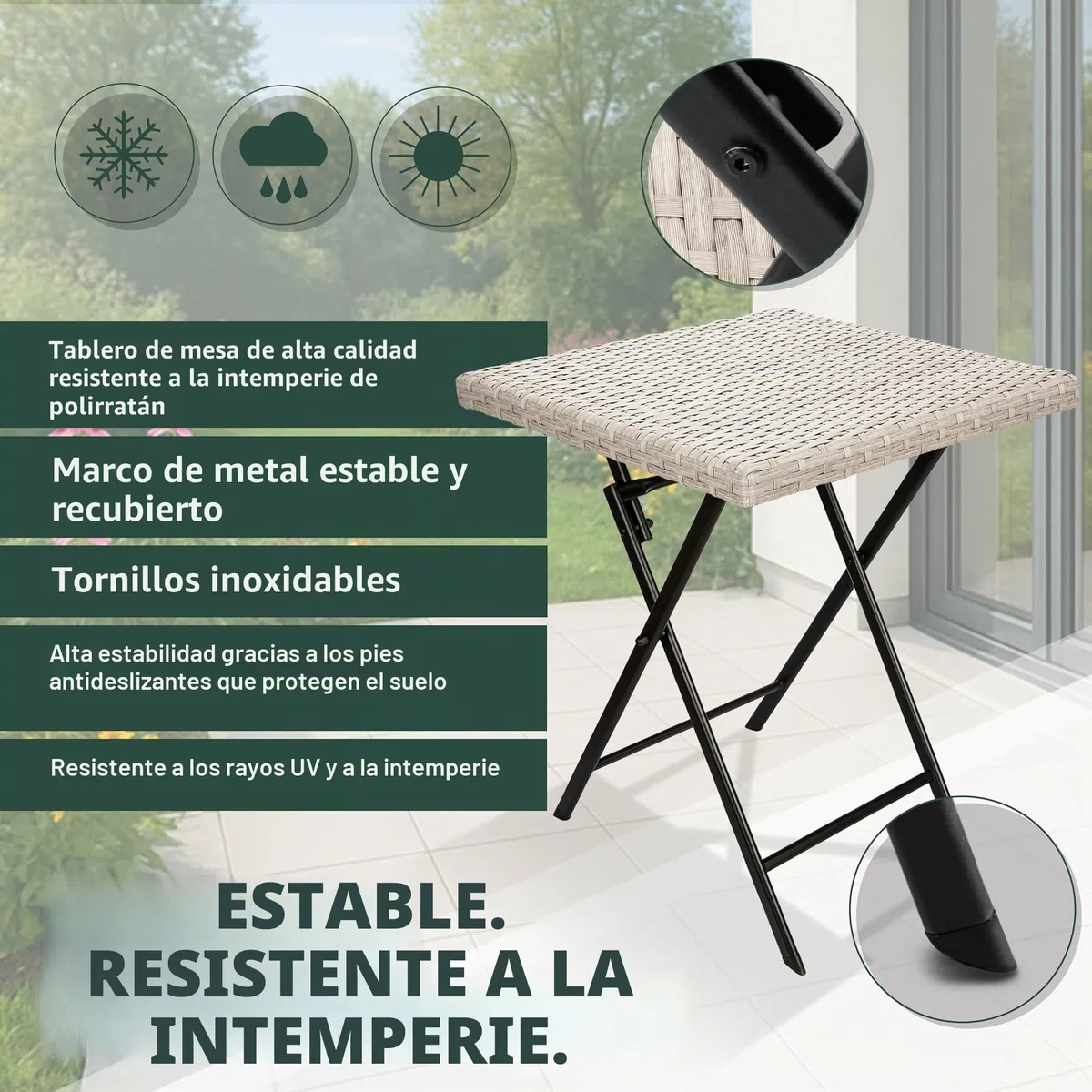 BRUBAKER Mesa de Jardín Lugano - Mesa de Balcón 58 x 58 cm Impermeable - Mesa Auxiliar Plegable de Poliratán y Metal - Mesa de Camping Cuadrada para Balcón, Terraza - Mesa Bistro - Gris Beige