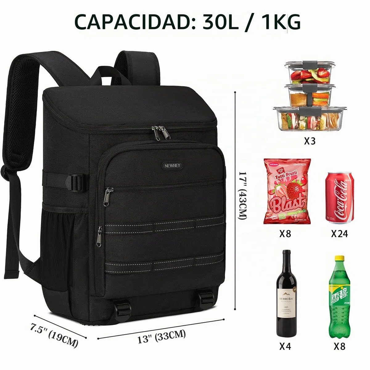 NEWHEY 30L Mochila Nevera Impermeable Mochila de Refrigeración Bolsa Térmica Aislada Grandes Alimentos Mochilas de Picnic Almuerzo Ligera Acampar Barbacoa Senderismo Negro