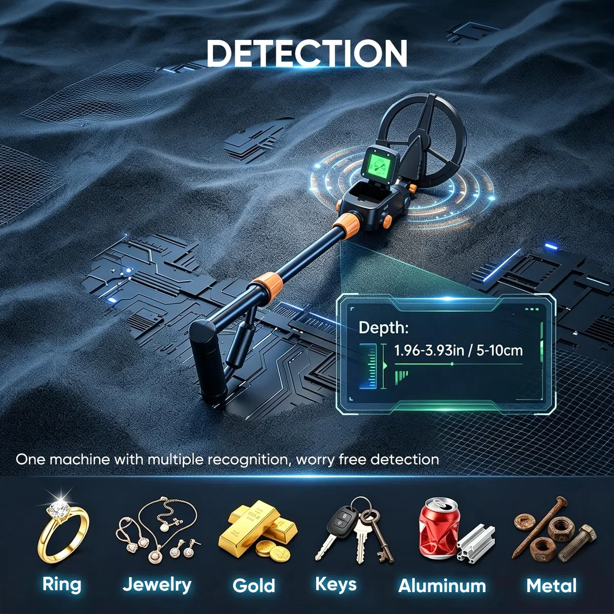 Detector de Metales para Niños, Detectores de Metales Impermeables y Ligeros de IP68 con LCD e Indicación de Sonido, Detector de Metales de Alta Sensibilidad con Pala para la Búsqueda del Tesoro