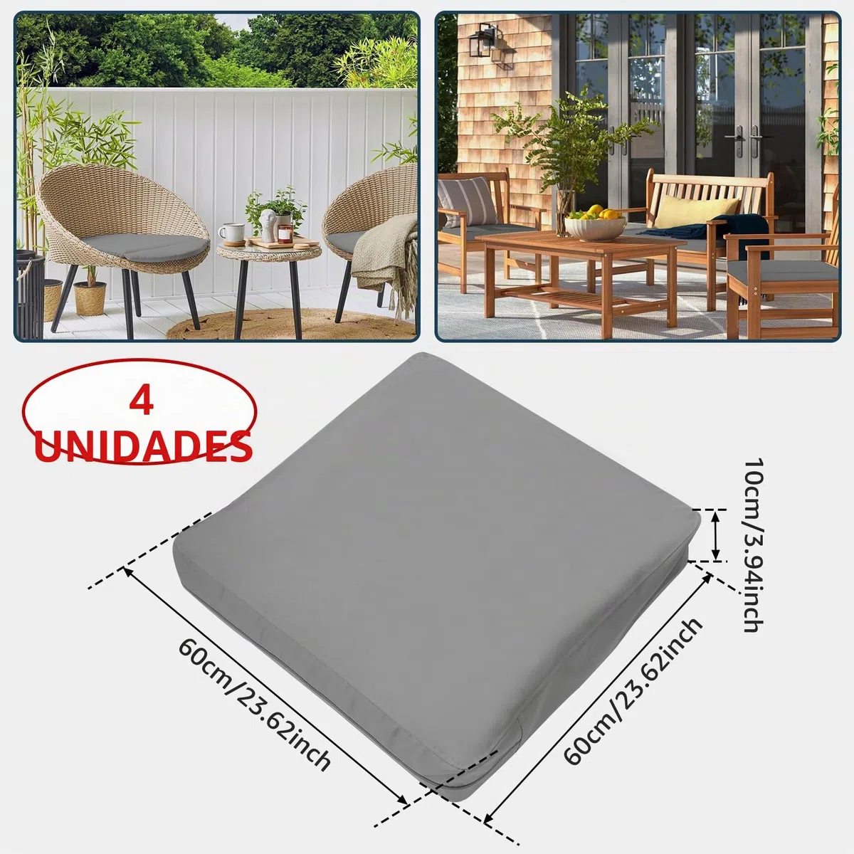 4 piezas de fundas para silla de jardín (sin relleno), fundas para sillas de exterior impermeables y a prueba de polvo con cremallera, para terraza, jardín, patio, 60 x 60 x 10 cm (Gris claro)