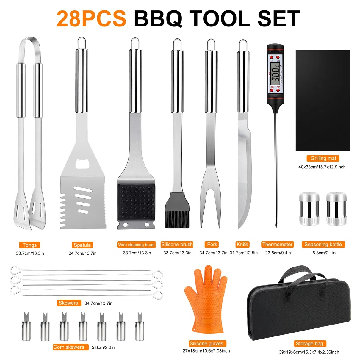 Juego de Utensilios de Barbacoa Kit de Accesorios Barbacoa, Acero Inoxidable,28 Piezas, en Maletín Portátil, para Parrilla de Barbacoa de Gas y Carbón, Regalos para Hombre.