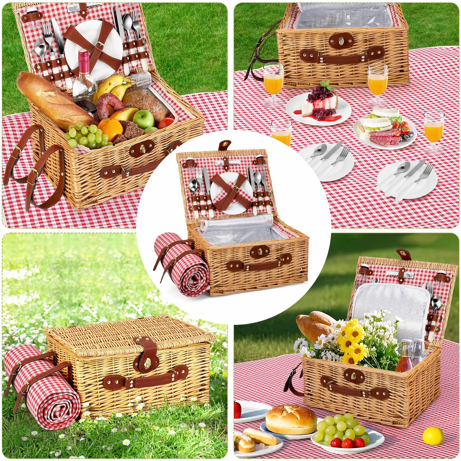 Cesta de Picnic Mimbre para 4 Personas, Cesta Trenzada a Mano con Aislamiento Integrado y Manta Impermeable – Set Completo con 4 Cubiertos, Platos, Vasos para Camping Playa jardín