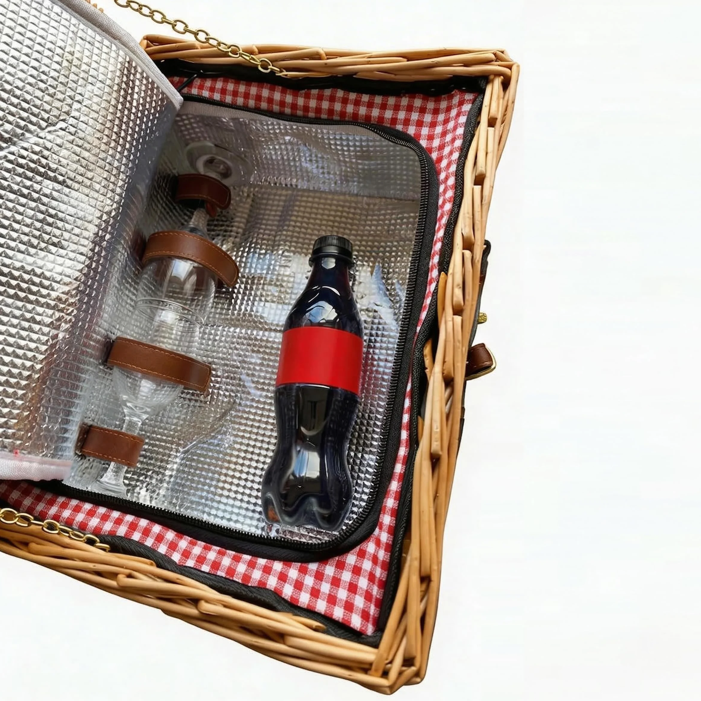Cesta de Picnic de Mimbre para 2 Personas con Bolsa Térmica y Vajilla Completa – Platos de Cerámica, Copas de Vidrio y Cubiertos de Acero Inoxidable