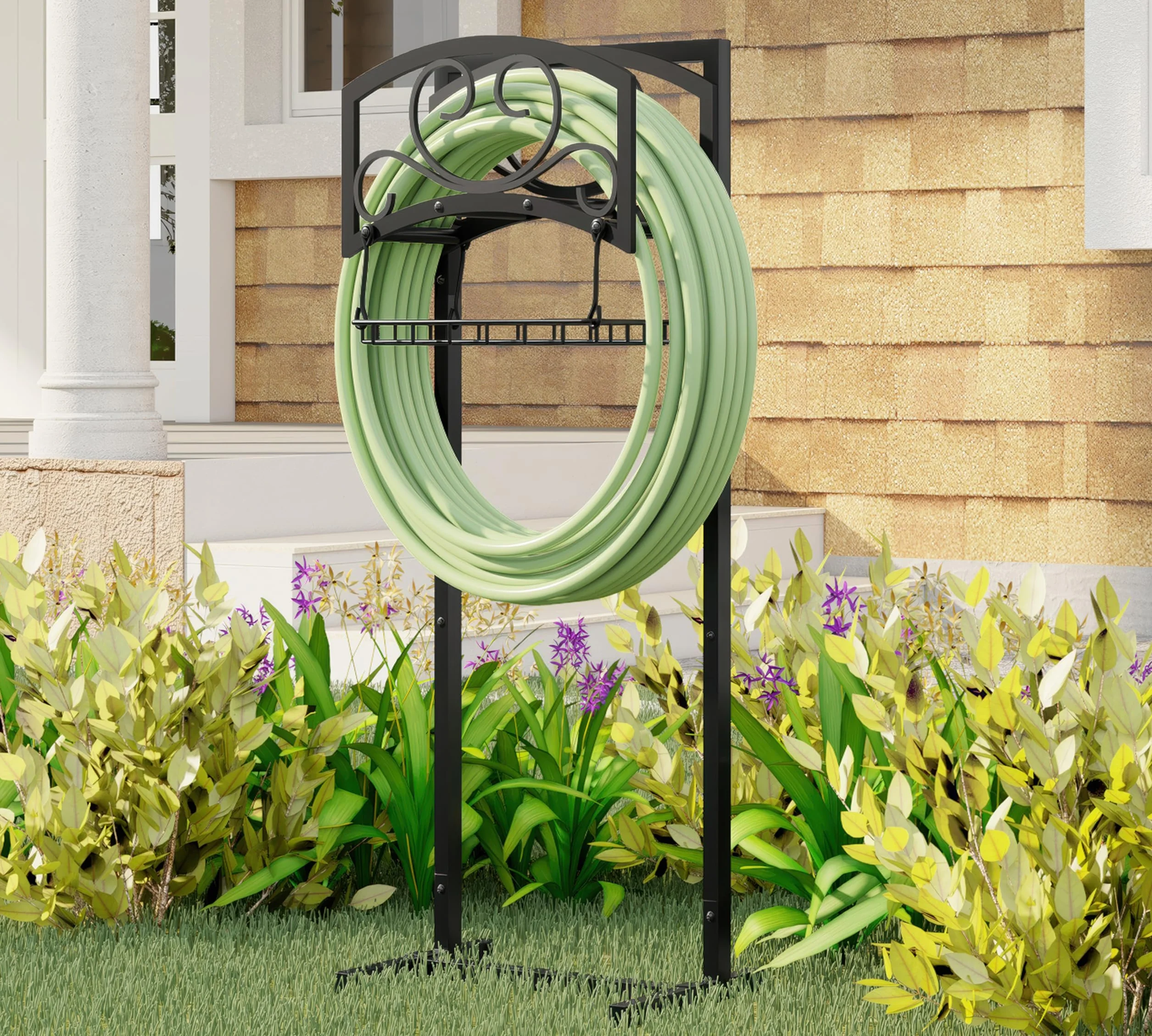 Kingson Soporte independiente para manguera de jardín con cesta de almacenamiento, acero recubierto de polvo negro resistente, sostiene manguera de 150 pies, diseño desmontable y portátil con