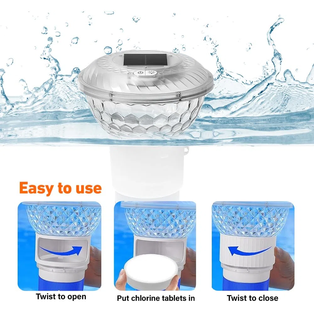 Dispensador Cloro Piscina, Dosificador Cloro Piscina Flotante con Luz Solar LED, Flotador Cloro Piscinas para Piscinas, Bañeras de Hidromasaje, Spas, Fuentes