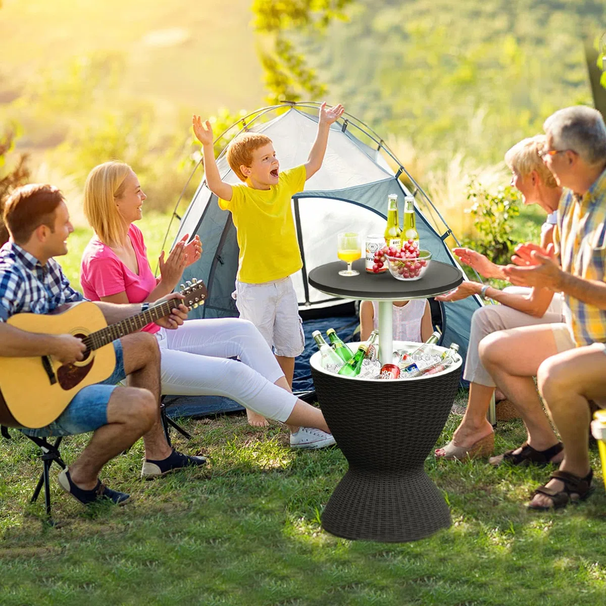 GYMAX Cool Bar 30L Mesa Auxiliar 3 en 1 con Tablero Extensible para Bebidas y Aperitivos, Enfriador de Bebidas en Aspecto de Ratán, Enfriador de Cerveza y Vino para Jardín, Terraza (Negro)