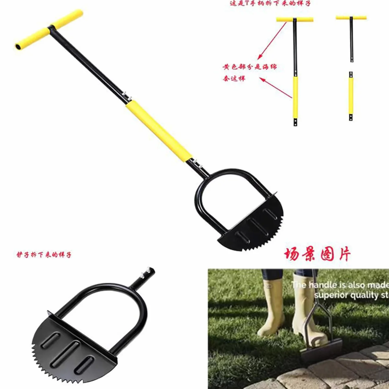 Herramienta de bordes de césped de 96,5 cm, con dientes de sierra, agarre en T, cortadora de césped de media luna, cuchillo de borde de mango largo para bordes de césped