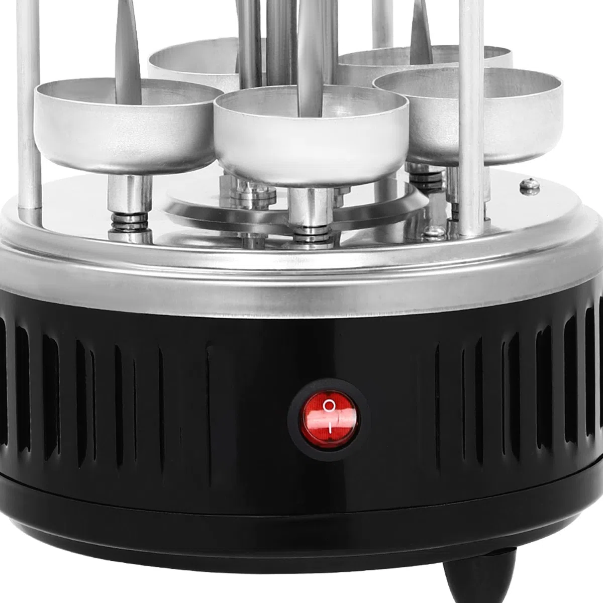 Barbacoa eléctrica vertical de acero inoxidable, parrilla giratoria de 1000W para el hogar, parrilla redonda con 5 pinchos, mangos y bandeja para goteo de aceite, Negro, Plata