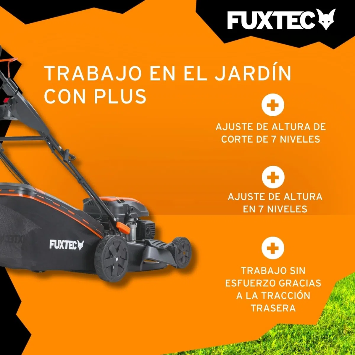 FUXTEC Cortacésped autopropulsado de Gasolina con Arranque eléctrico FX-RM5170eS 4en1-170 cm3 4CV, 4 Tiempos, Ancho de Corte 51 cm, Alto de Corte 7 Pos. 60L, Función Mulching & Descarga Lateral