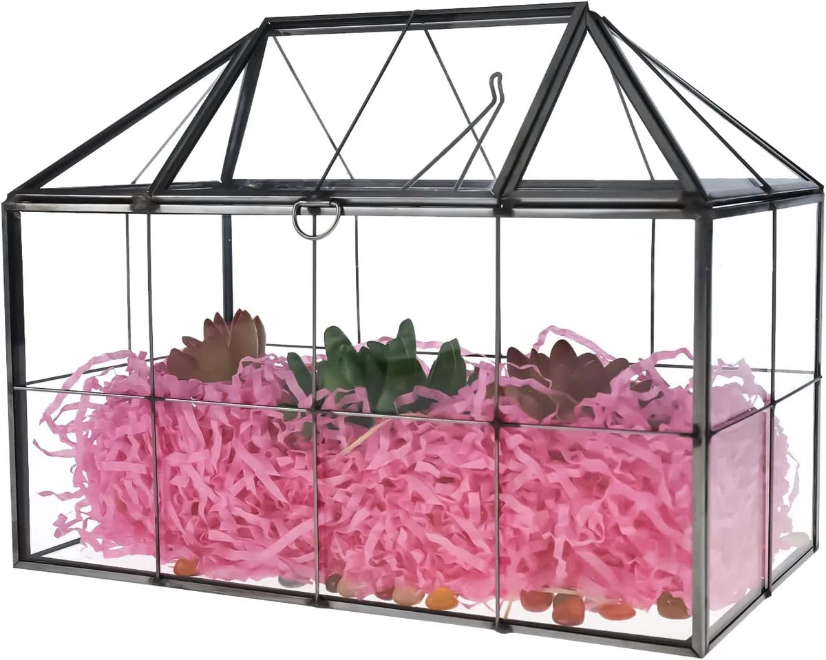 Terrario geométrico de Homtone, 23 cm, en forma de casa, negro, hecho a mano, de vidrio, maceta grande para plantas, vintage, para miniaturas de flores de mesa, para plantas suculentas, cactus y