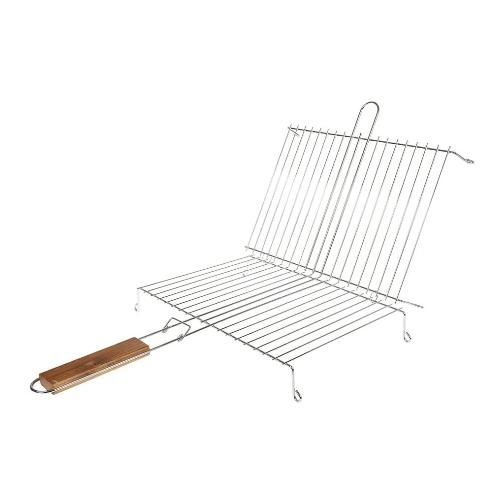 ruecab 1086 rejilla de barbacoa doble sobre patas acero inoxidable mango madera plata 30 x 40 cm