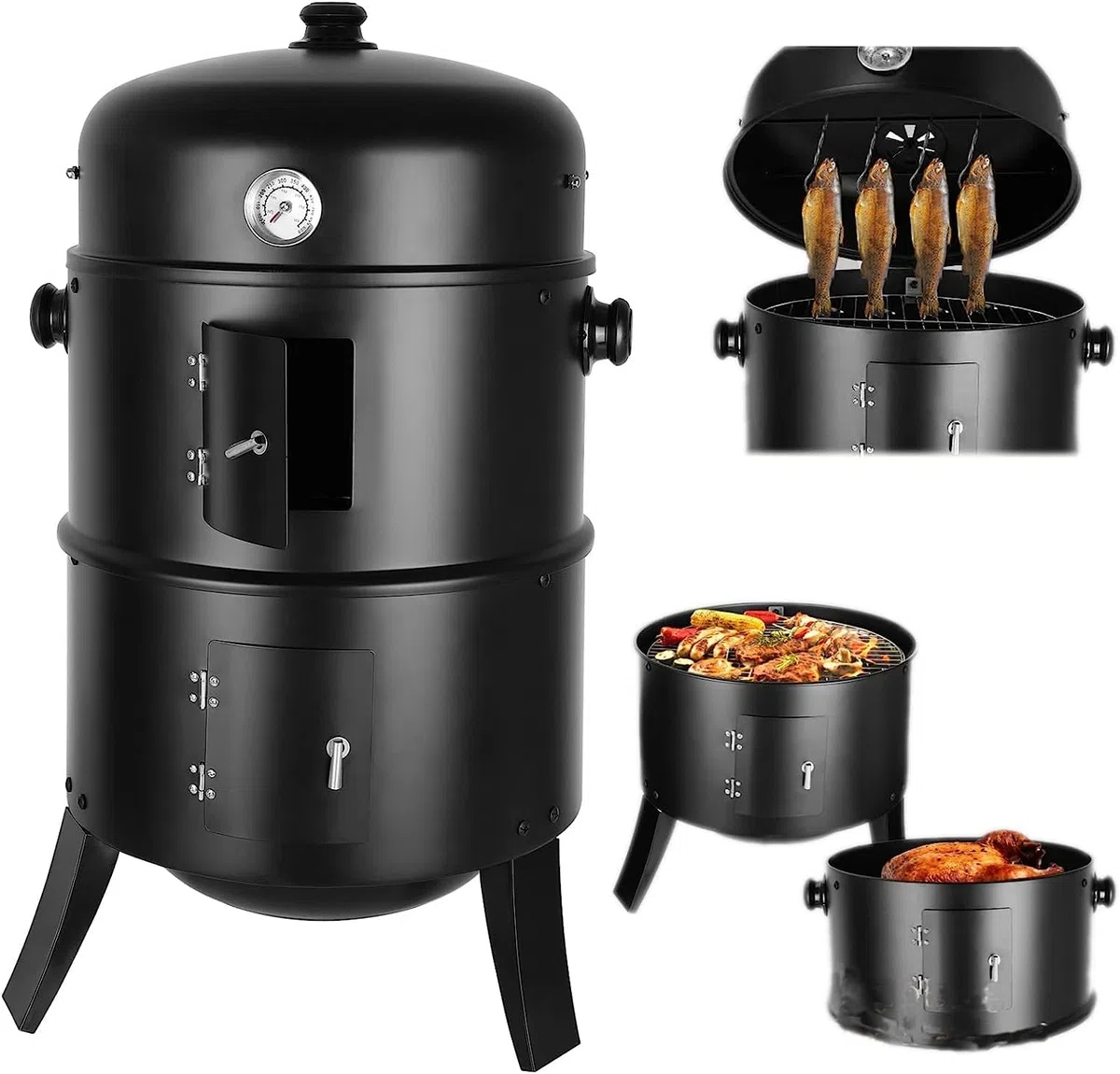 Barbacoa Ahumador, Barril y Horno Para Ahumar, 3 en 1 Barbacoa Smoker, Parrilla con Termómetro Integrado y Enganchados, Para Ahumar, Asar a la Parrilla y Cocinar