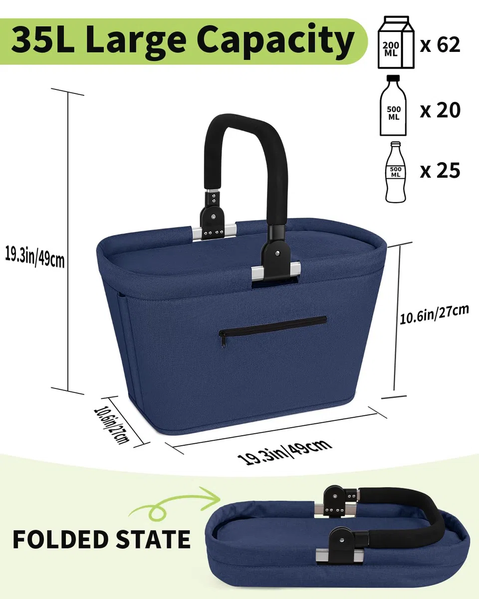 35L Bolsa Refrigeradora Aislada, Cesta de Picnic con Aislamiento, Portátil Cesta Plegable Impermeable, 600D Tela Oxford Bolsa de Compra Grande de Compra para Viajes, Picnics, Compras, Regalos - Azul