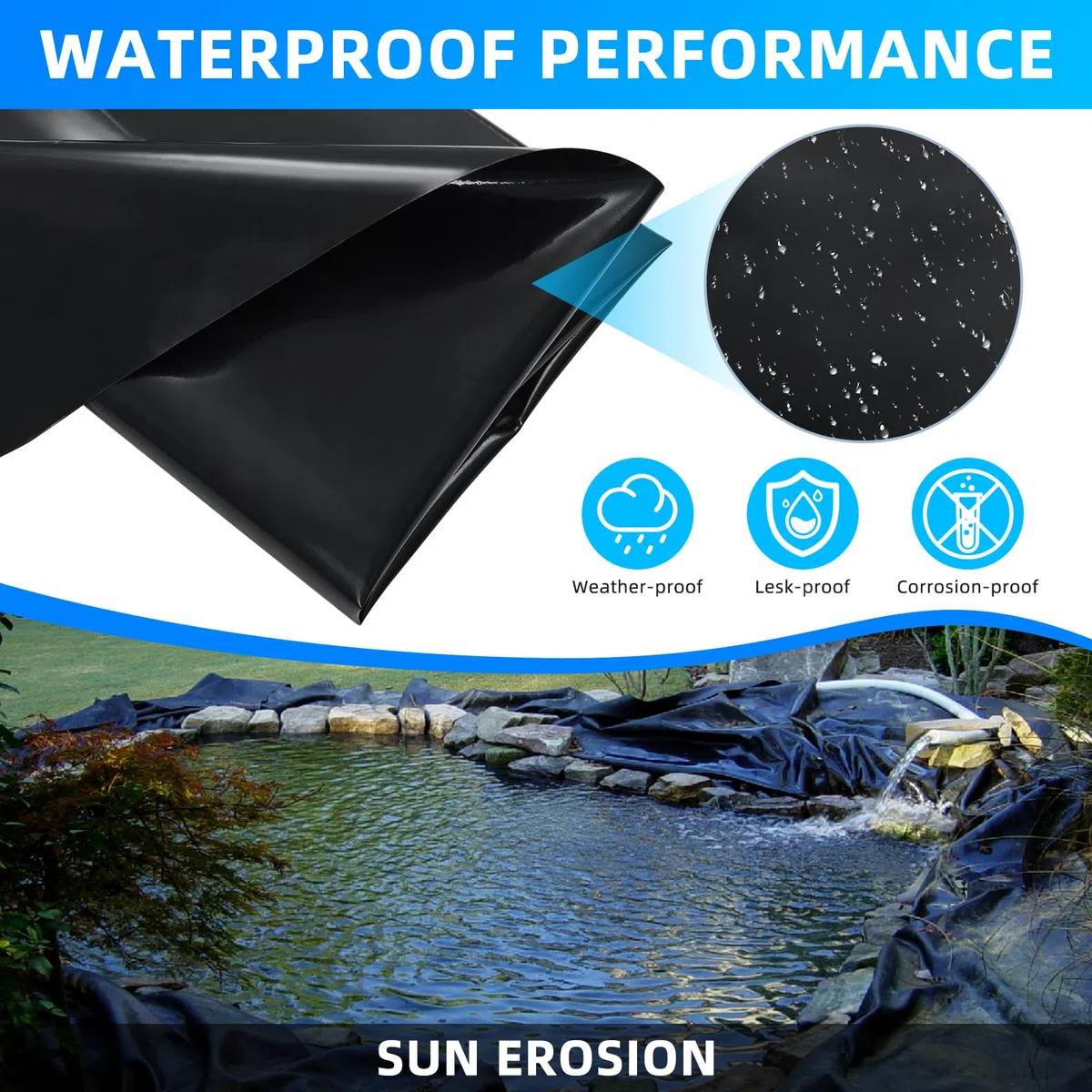 Lámina para estanque de 2 x 6 m, grosor de 0,5 mm, color negro, HDPE para estanques, para estanques de peces, fuentes, estanques de agua, cascada, estanque de jardín