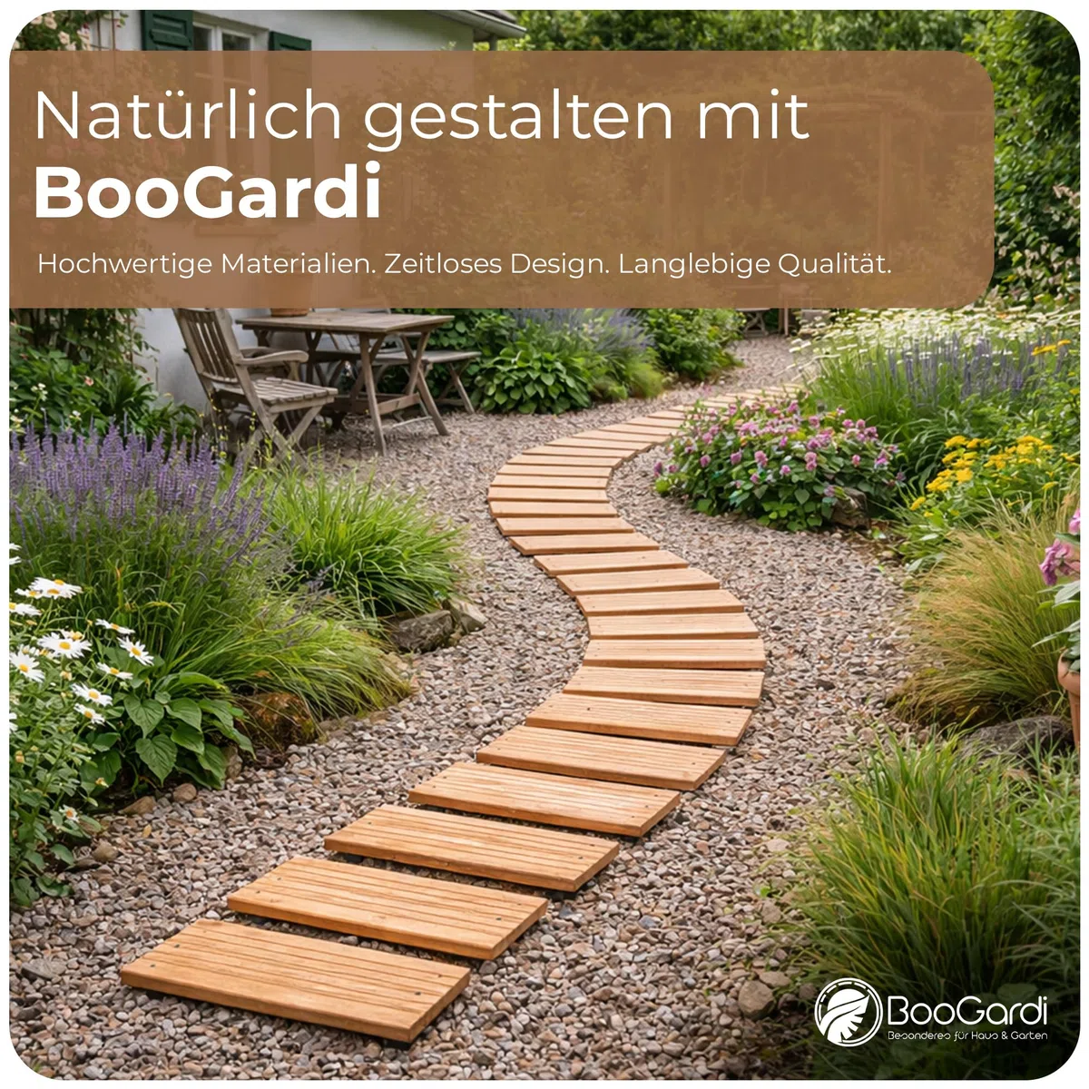 BooGardi Camino de alerce en 6 tamaños 250 cm de largo · 30 cm / 40 cm / 50 cm de ancho · 40 cm distancia entre listones 8 cm · camino de madera para desenrollar · Escalera de madera para jardín