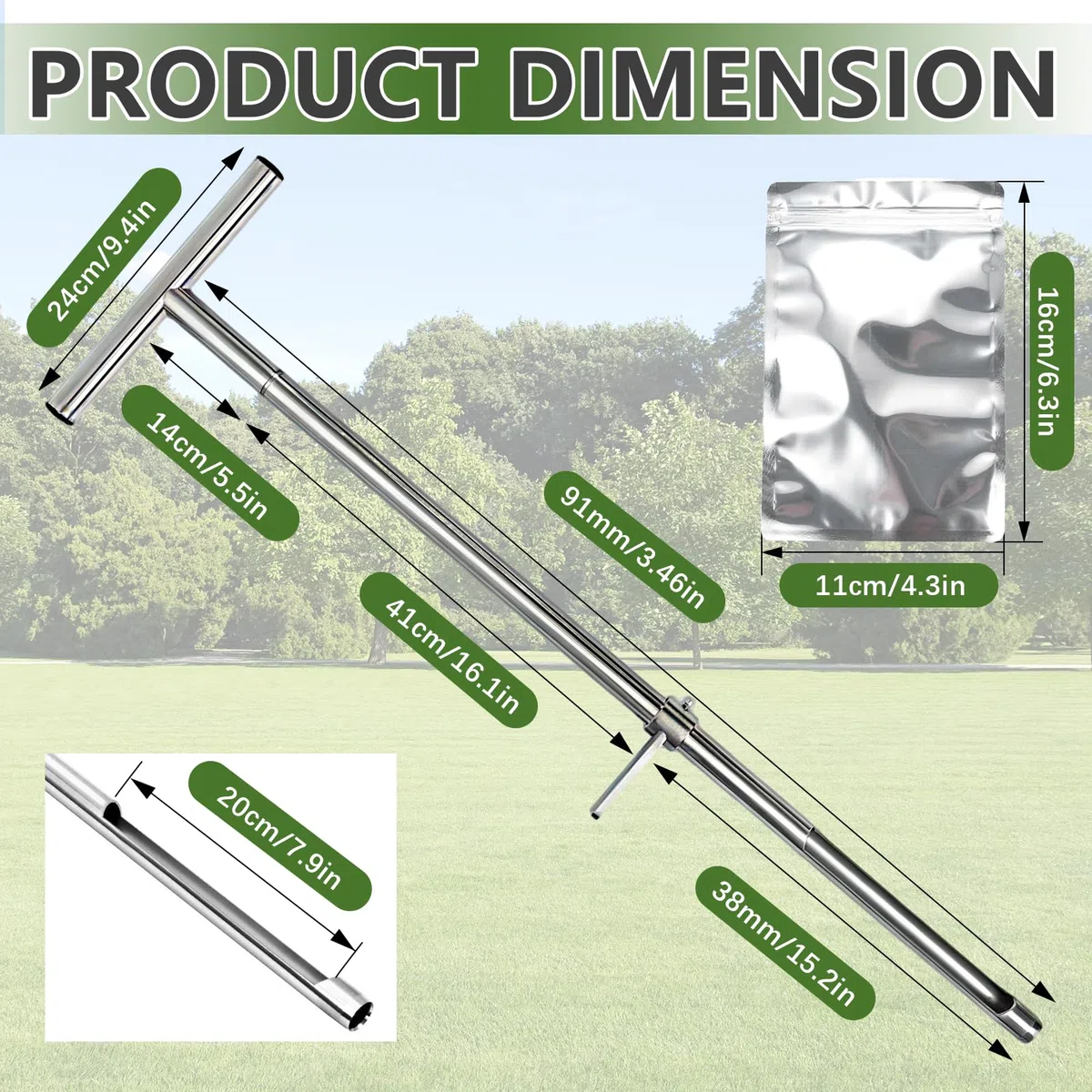 Sonda de Muestreo de Suelo, 91 Mm Muestreador de Suelo Sonda Pedal de Pie Tubular de Acero Inoxidable con 2 Bolsas de Muestras Reutilizables para Cuidado de Plantas y Jardinería
