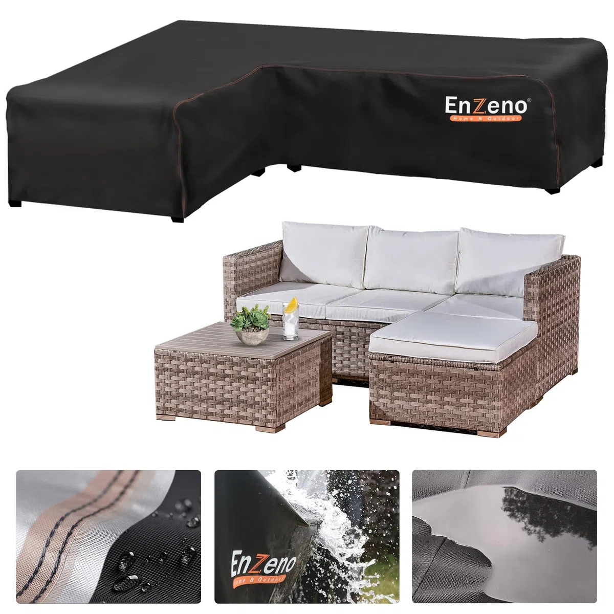 Enzeno Fundas de sofá de jardín en Forma de L, Impermeables, Tela Oxford 420D, Funda de sofá para Exteriores, Cubierta de Muebles de Esquina de ratán con Cinta Impermeable (140 x 210 x 75 cm), Lado…