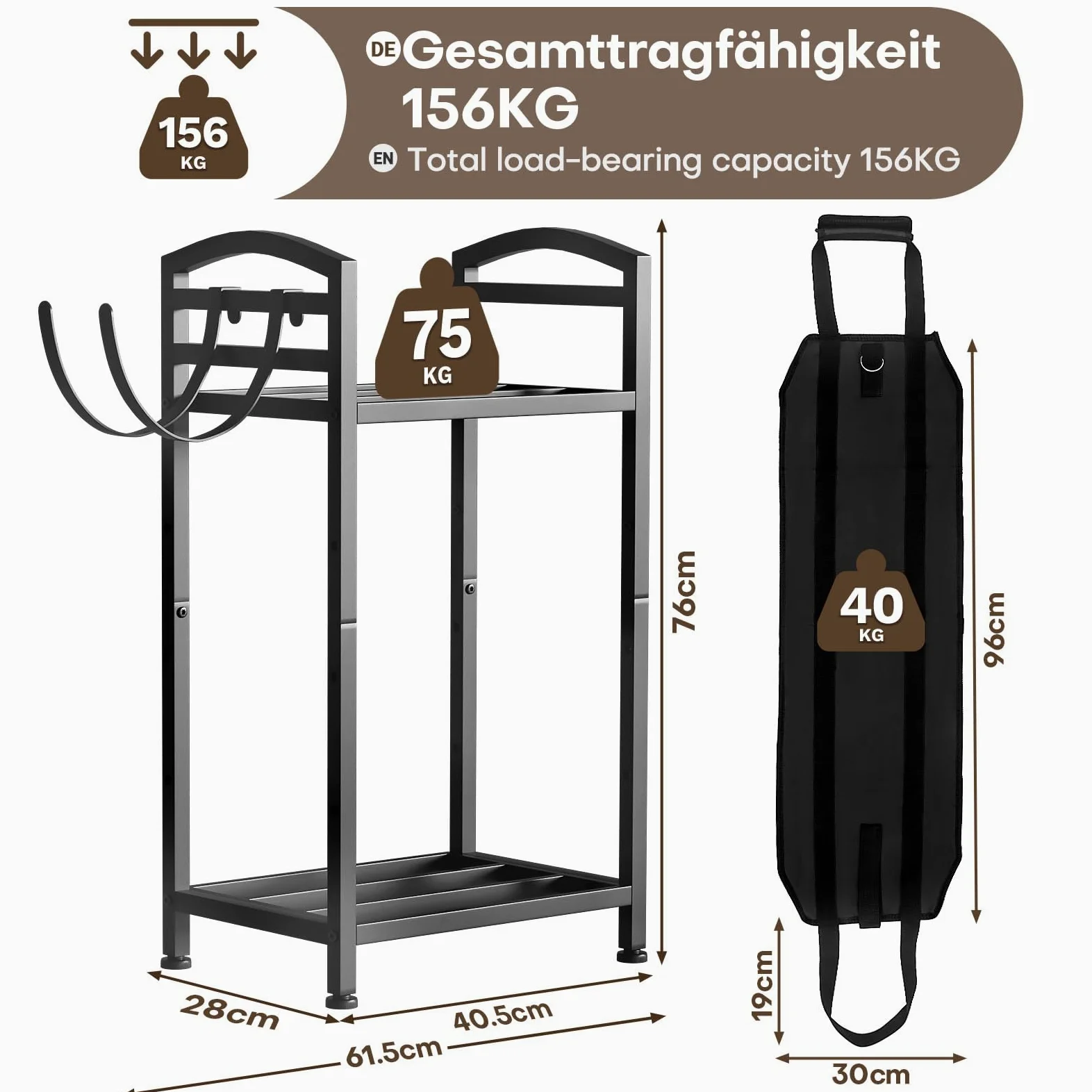 Yorbay Estantería para leña interior de metal pequeña: estante de doble capa con ganchos y bolsa para leña de chimenea - Negro Estante de madera robusto para chimenea - almacenamiento exterior de leña