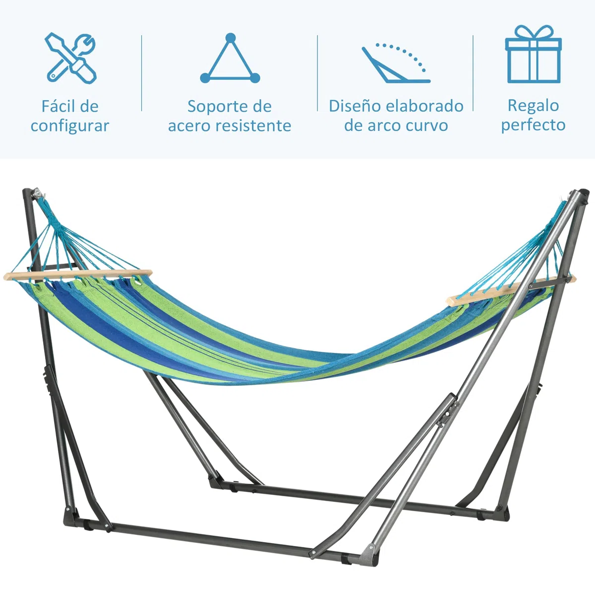 Outsunny Hamaca con Soporte Plegable 2 en 1, Tendedero con Barra, Estructura de Acero, Hamaca de Camping Portátil de Algodón, Carga 120 kg, para Jardín, Patio, Terraza, 270x100x94 cm, Azul y Verde