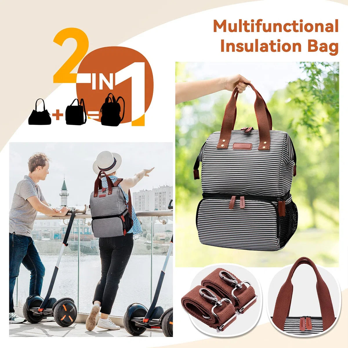 Mochila Nevera de Refrigeración, 20L Doble Capas Mochila Térmica Bolsa Porta Alimentos, Grande Bolsa Térmica de Aislamiento Antifugas Bolsa Nevera para Playa Camping Viajes Trabajo Picnic - Raya