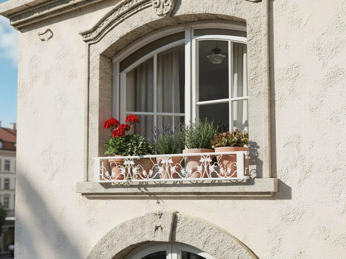 Balconcillo para Macetas, Balconcillo para Plantas, Portamacetas Ventana, Protector de macetas, Modelo Floral Extensible 100-140 cm, Blanco
