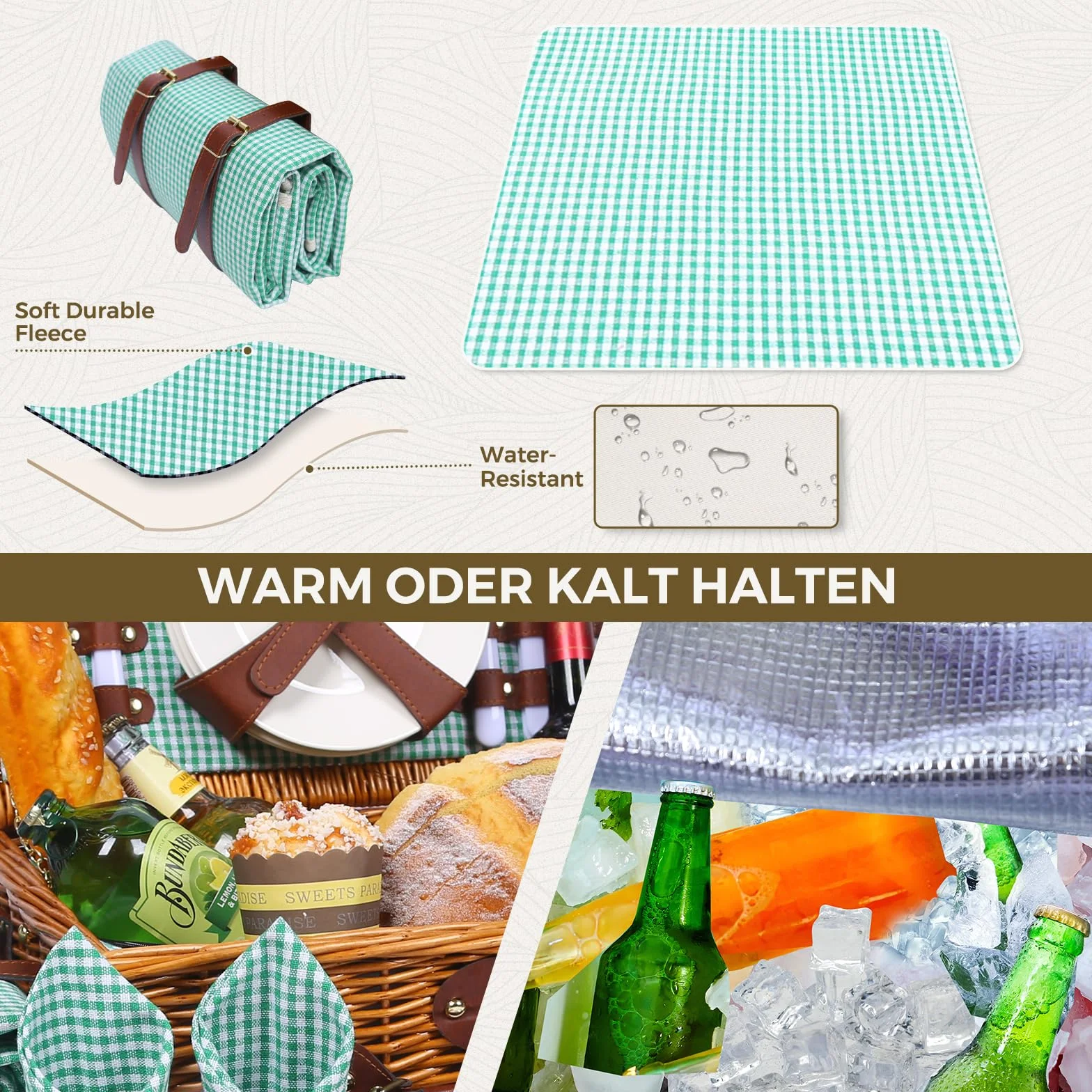 Juego de cesta de picnic para 4 personas con compartimento refrigerador y manta de picnic impermeable, correa extraíble, bolsa de vino, juego de cubiertos, para camping, playa, senderismo,